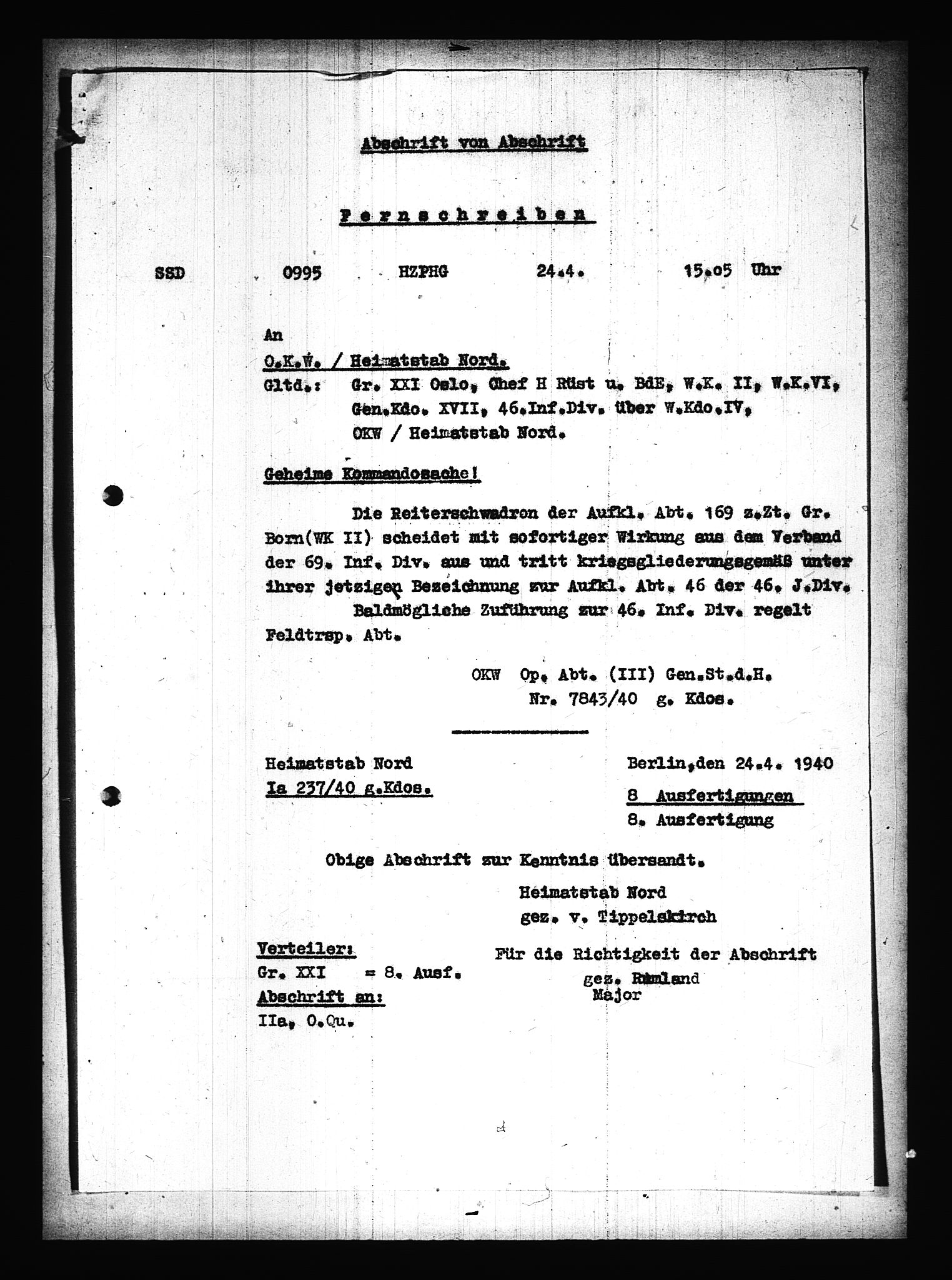 Documents Section, AV/RA-RAFA-2200/V/L0075: Amerikansk mikrofilm "Captured German Documents".
Box No. 714.  FKA jnr. 615/1954., 1940, s. 94