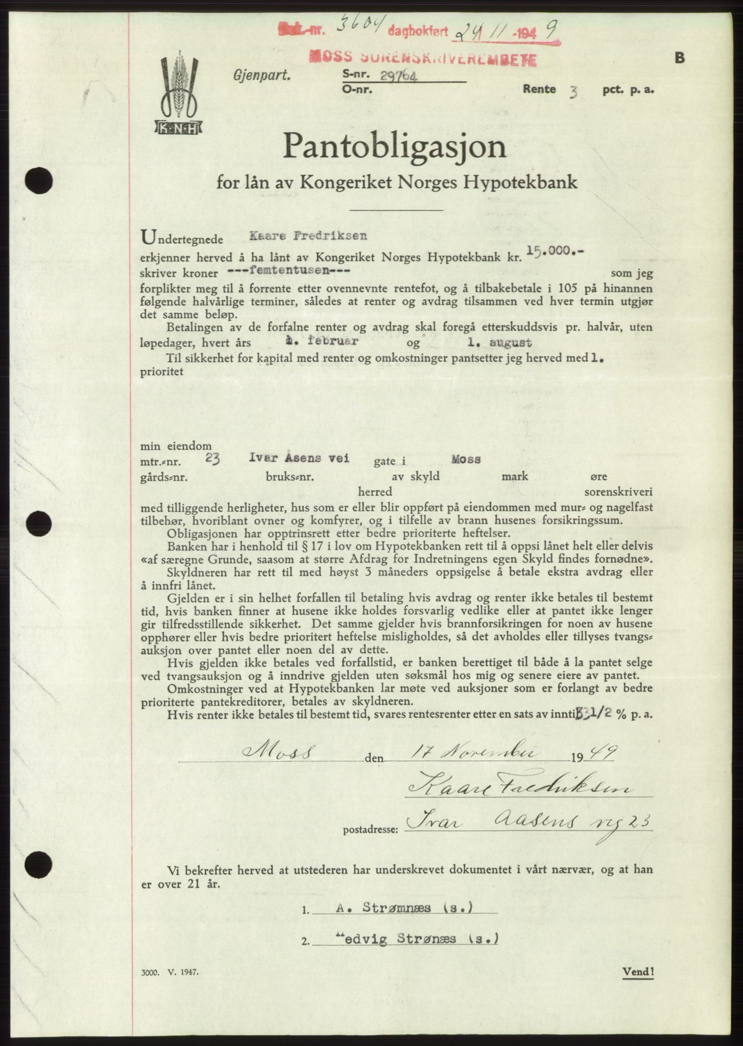 Moss sorenskriveri, SAO/A-10168: Pantebok nr. B23, 1949-1950, Dagboknr: 3604/1949