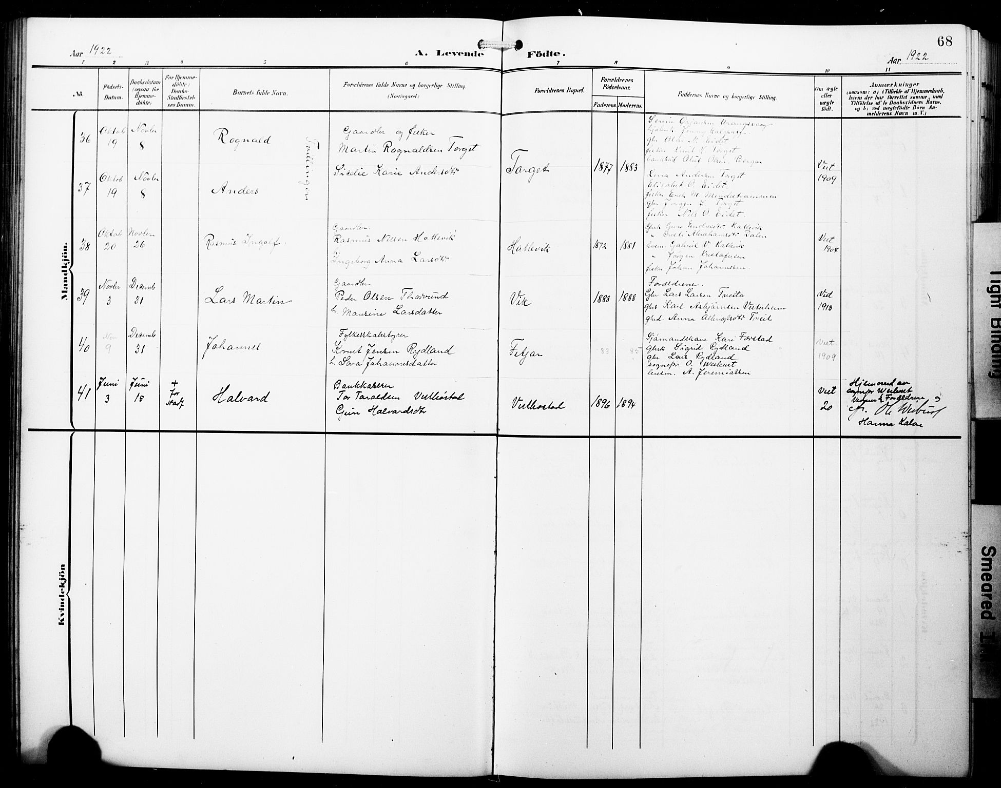 Fitjar sokneprestembete, AV/SAB-A-99926: Klokkerbok nr. B 1, 1906-1928, s. 68