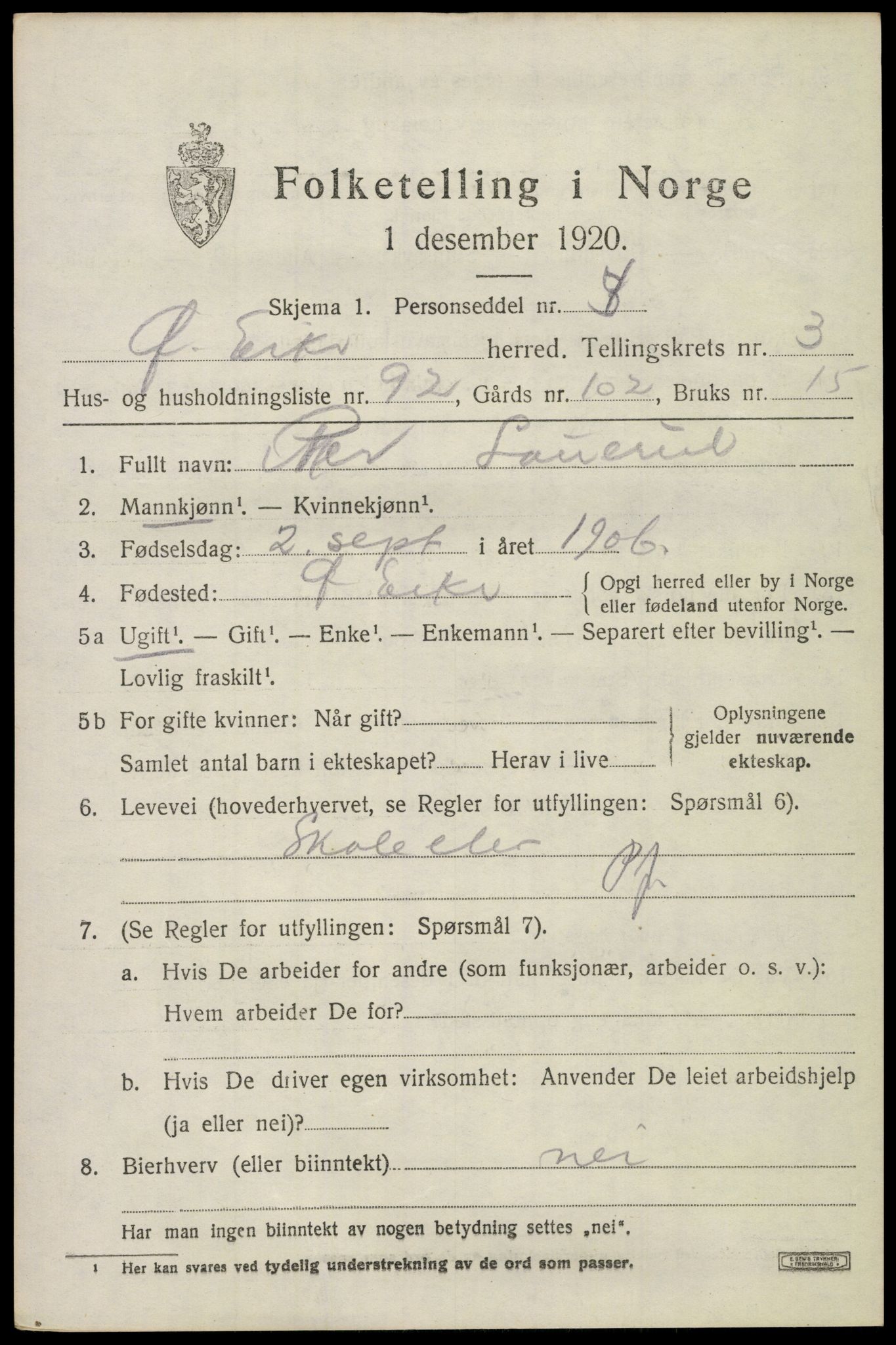 SAKO, Folketelling 1920 for 0624 Øvre Eiker herred, 1920, s. 9118
