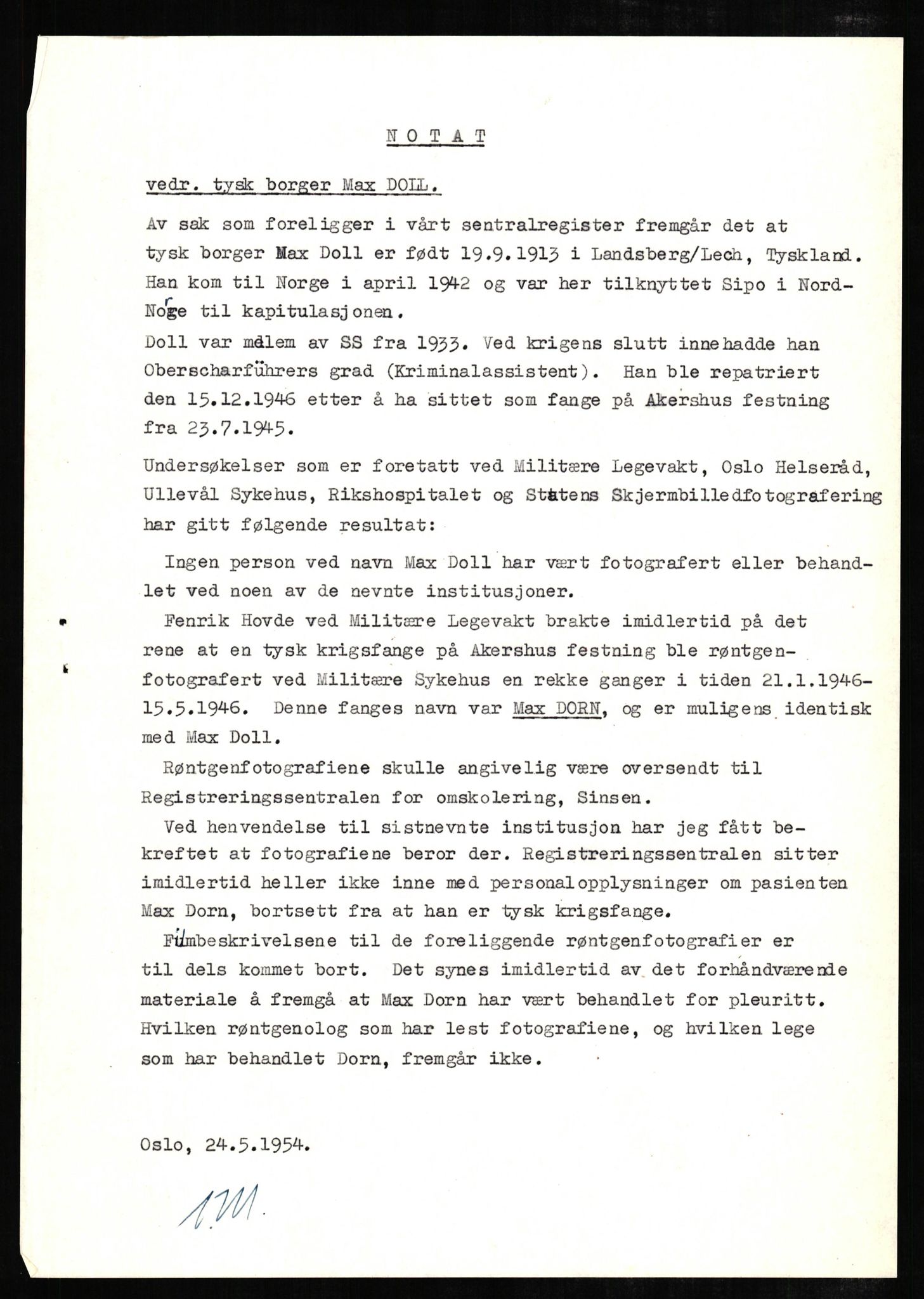 Forsvaret, Forsvarets overkommando II, AV/RA-RAFA-3915/D/Db/L0006: CI Questionaires. Tyske okkupasjonsstyrker i Norge. Tyskere., 1945-1946, s. 125