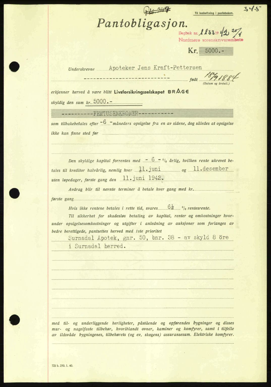 Nordmøre sorenskriveri, AV/SAT-A-4132/1/2/2Ca: Pantebok nr. B89, 1942-1942, Dagboknr: 1133/1942