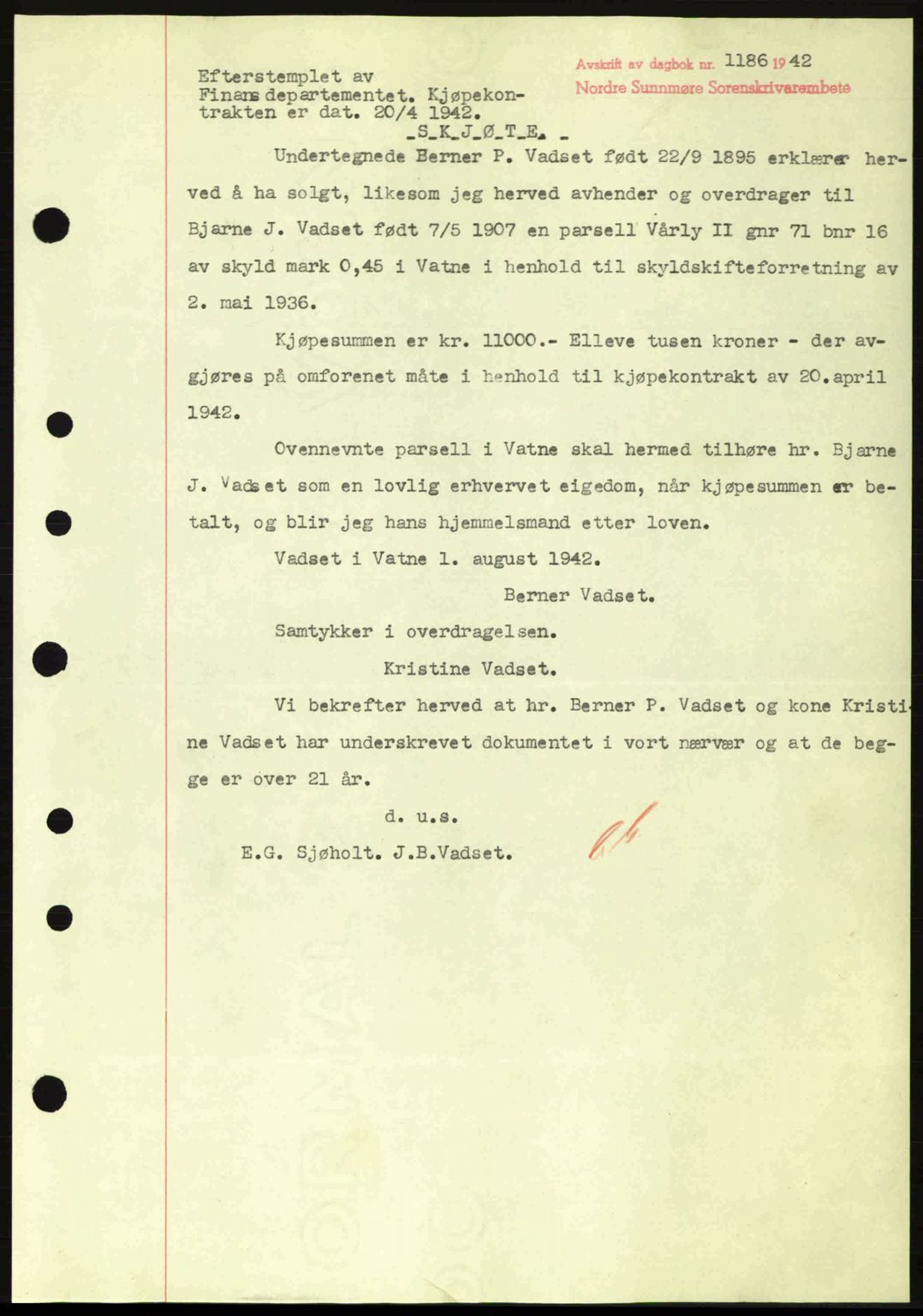 Nordre Sunnmøre sorenskriveri, SAT/A-0006/1/2/2C/2Ca: Pantebok nr. A14, 1942-1942, Dagboknr: 1186/1942