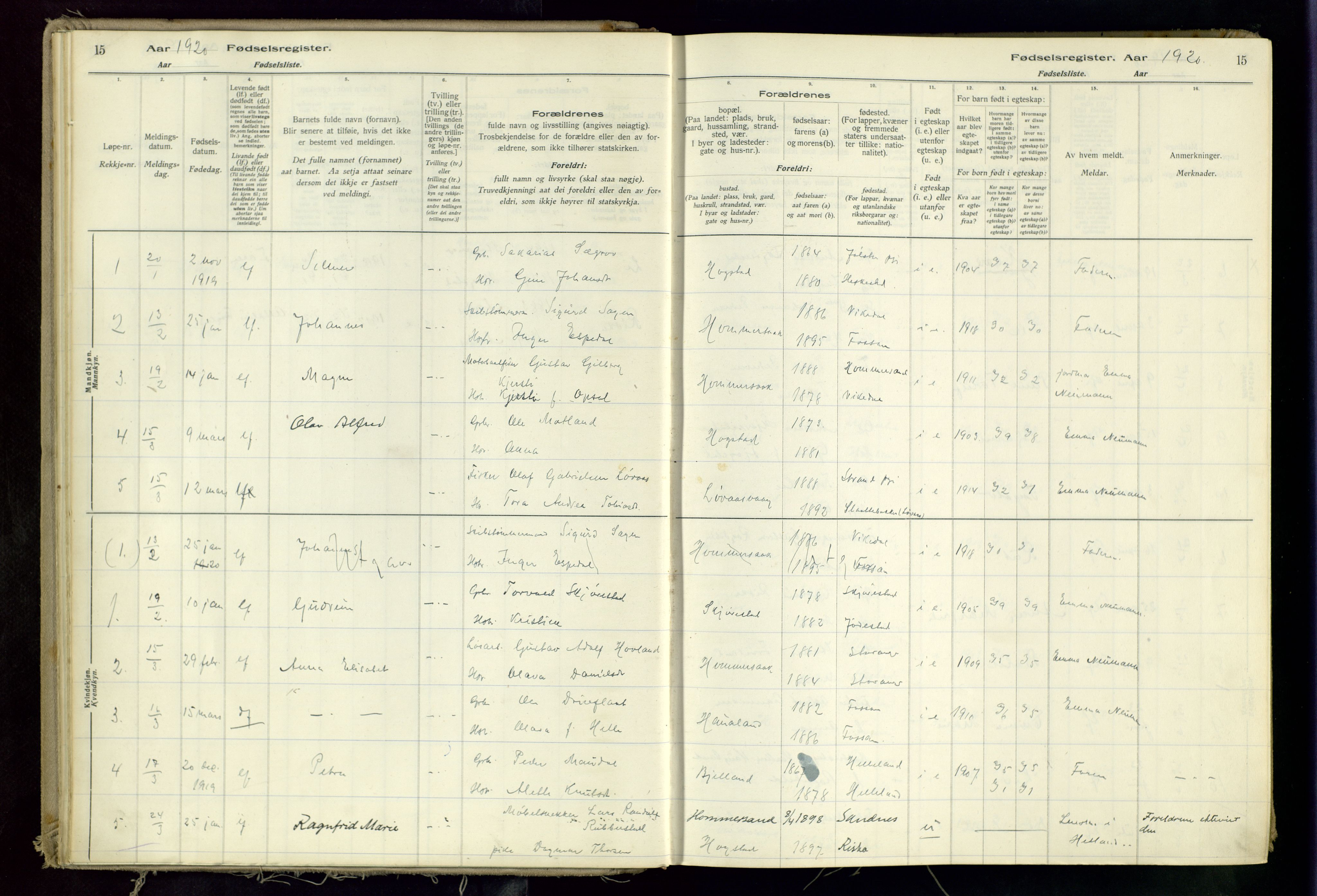 Hetland sokneprestkontor, SAST/A-101826/70/704BA/L0002: Fødselsregister nr. 2, 1916-1968, s. 15