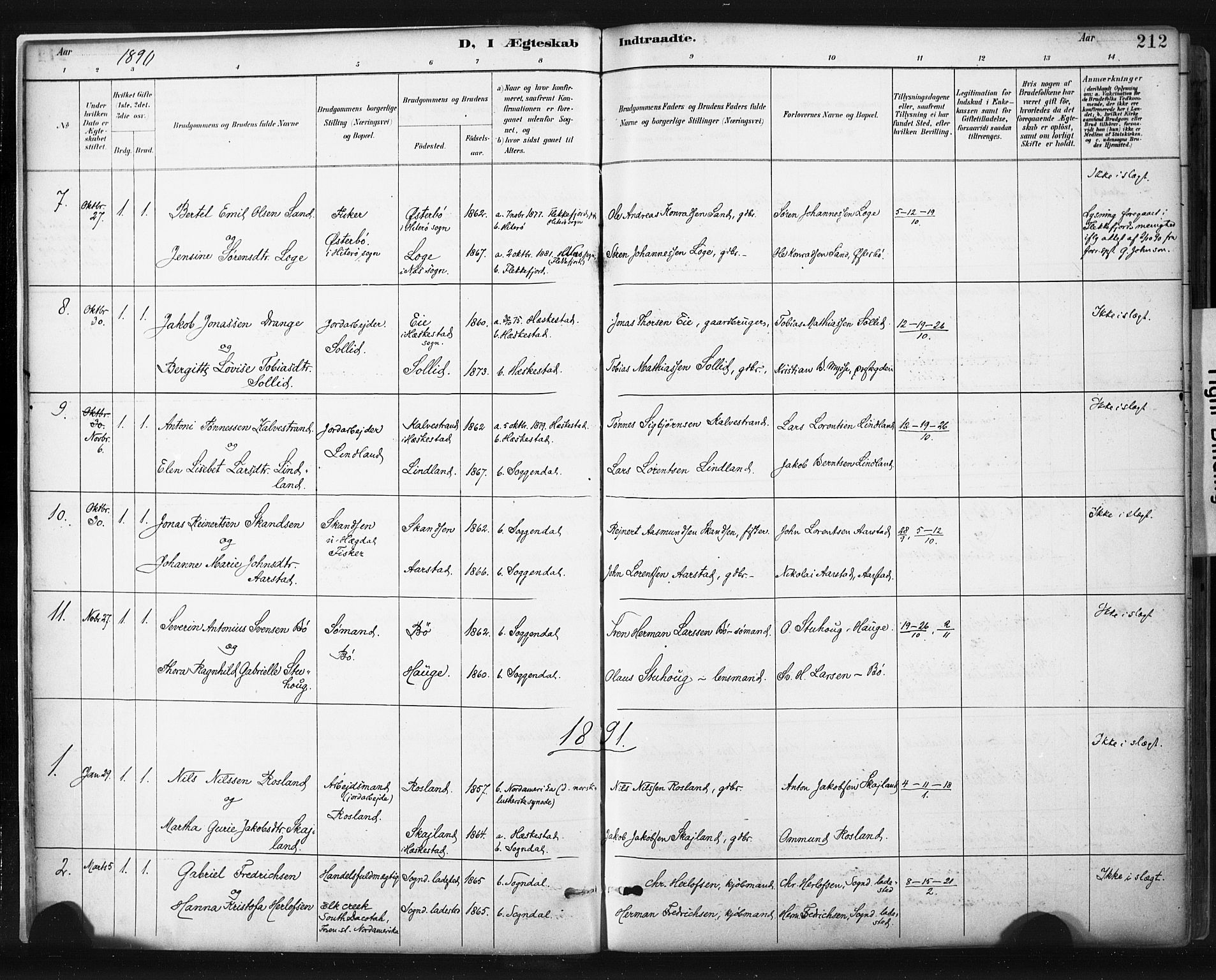 Sokndal sokneprestkontor, AV/SAST-A-101808: Ministerialbok nr. A 11.2, 1887-1905, s. 212