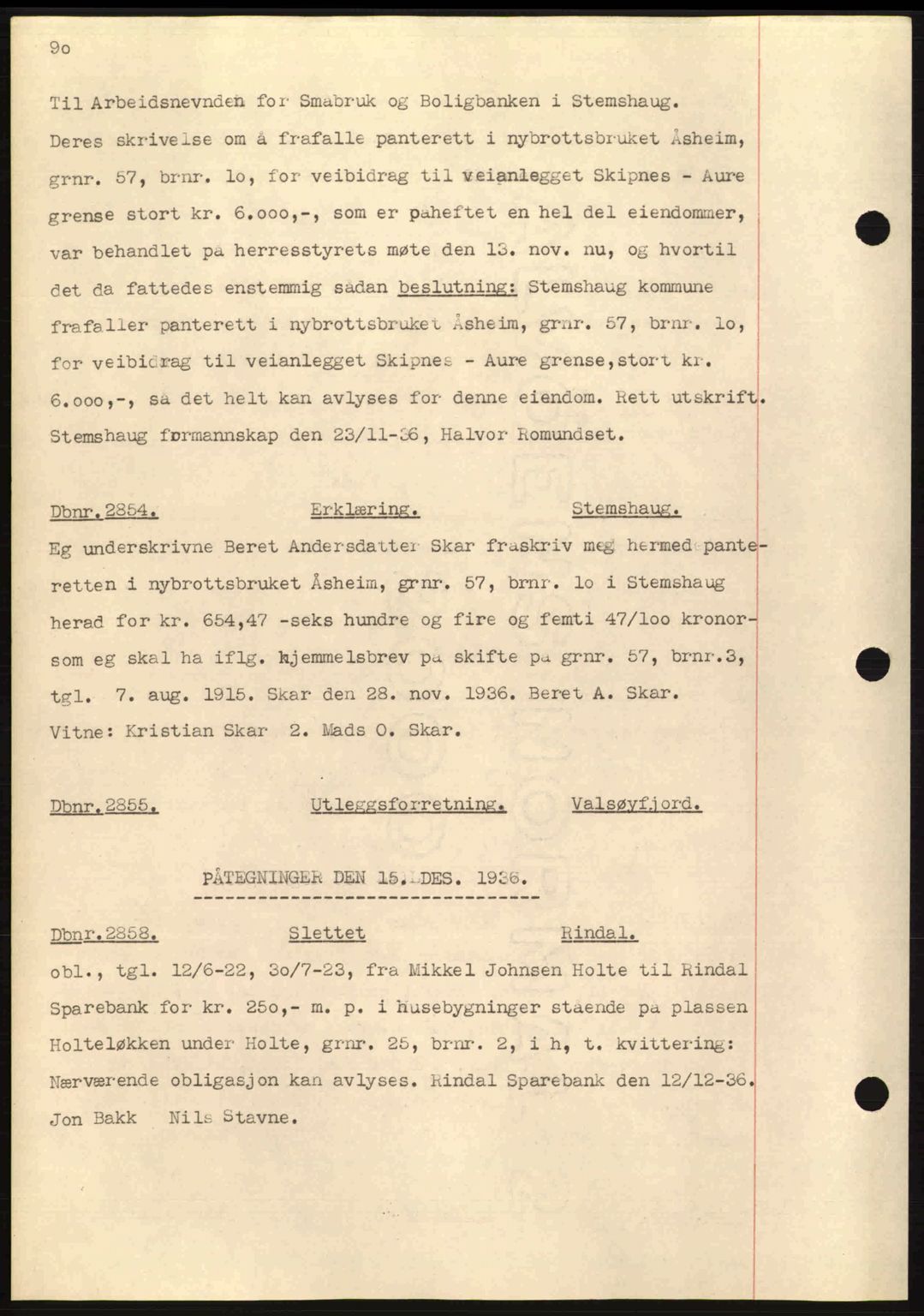Nordmøre sorenskriveri, SAT/A-4132/1/2/2Ca: Pantebok nr. C80, 1936-1939, Dagboknr: 2854/1936