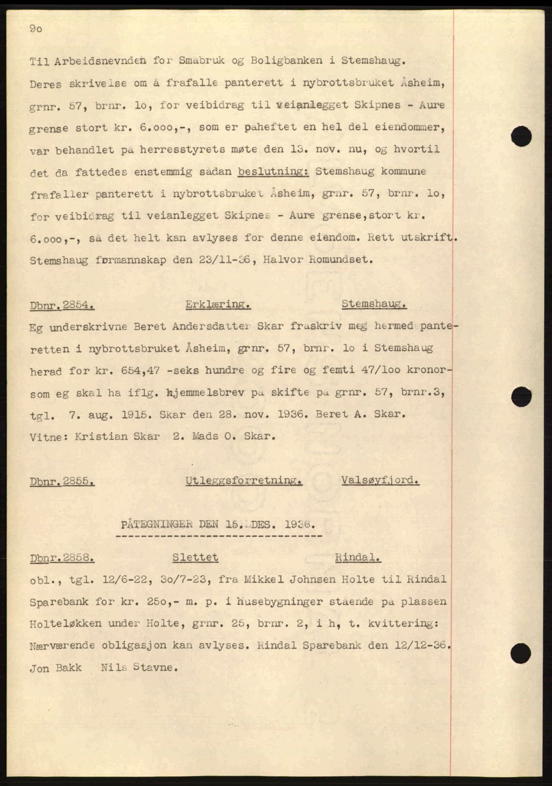 Nordmøre sorenskriveri, AV/SAT-A-4132/1/2/2Ca: Pantebok nr. C80, 1936-1939, Dagboknr: 2854/1936