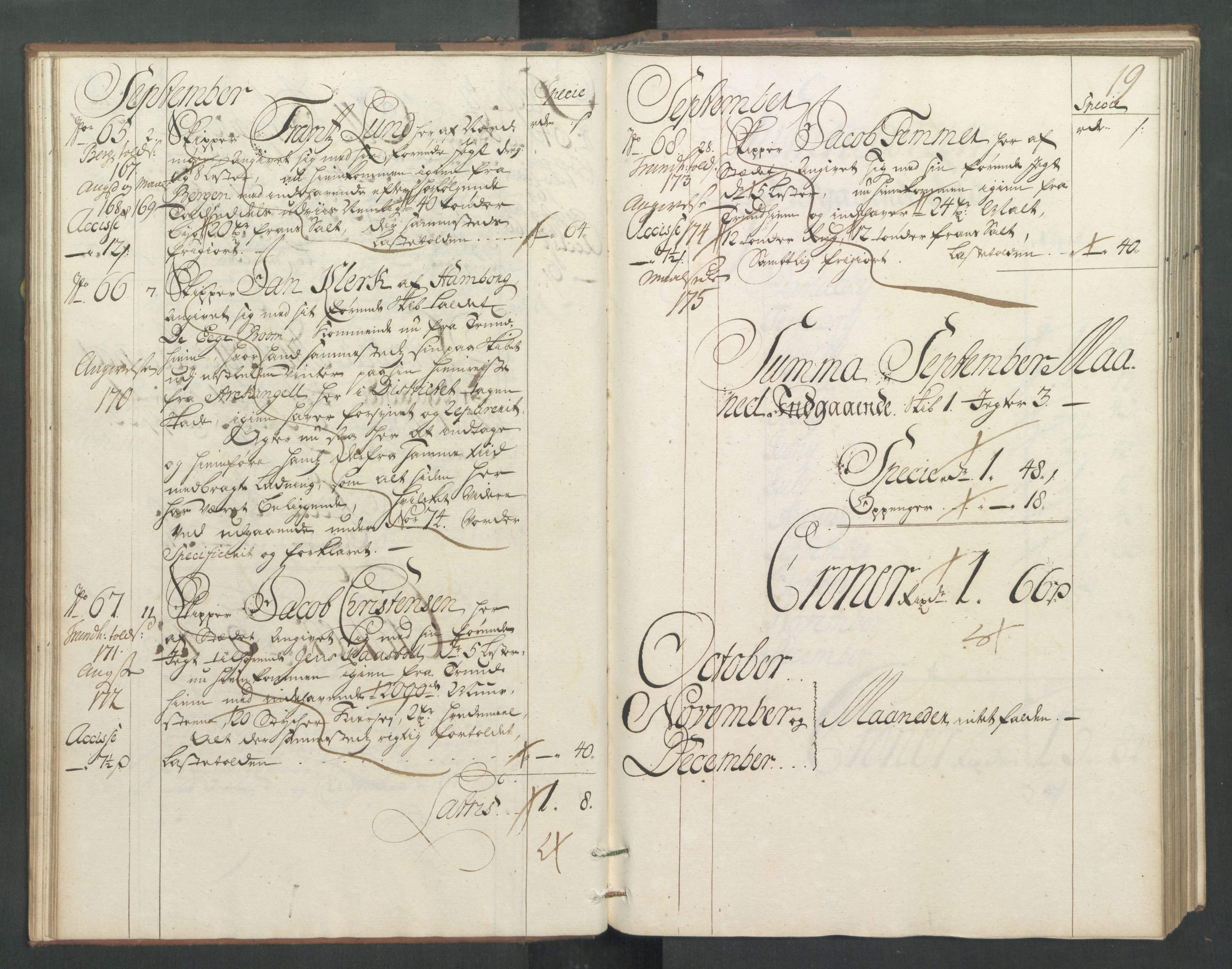 Generaltollkammeret, tollregnskaper, RA/EA-5490/R32/L0005/0001: Tollregnskaper Kristiansund / Hovedtollbok, 1733, s. 18b-19a