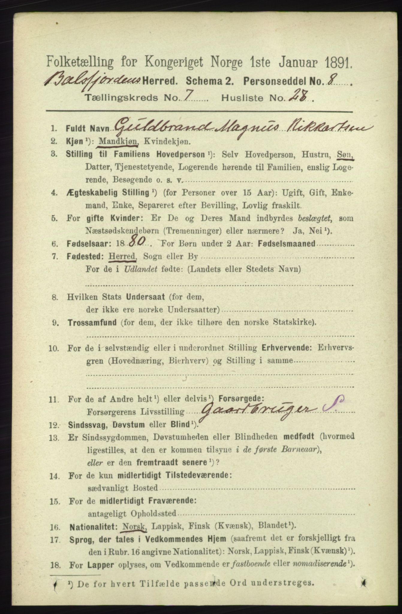 RA, Folketelling 1891 for 1933 Balsfjord herred, 1891, s. 2231