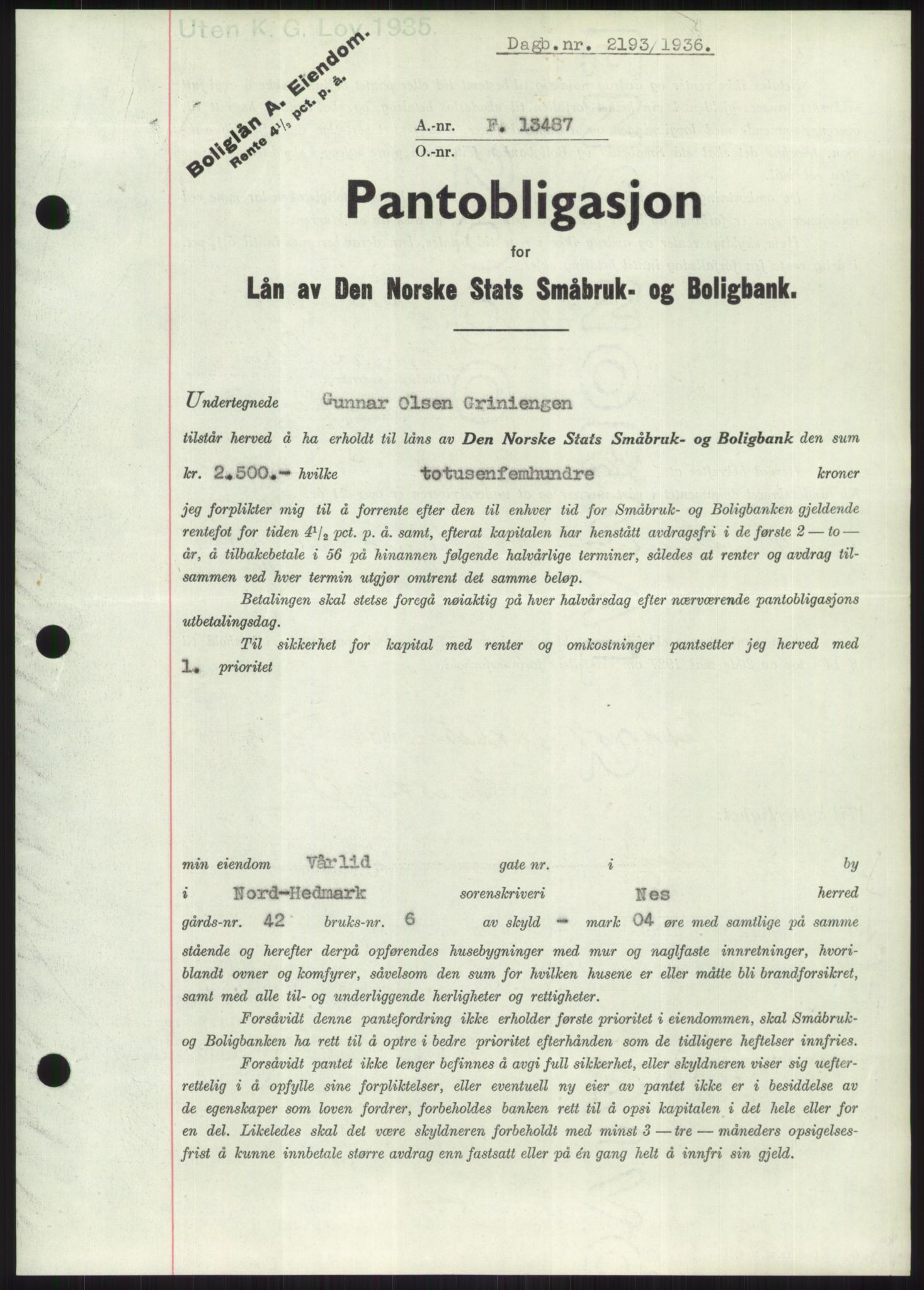 Nord-Hedmark sorenskriveri, SAH/TING-012/H/Hb/Hbf/L0001: Pantebok nr. B1, 1936-1936, Dagboknr: 2193/1936