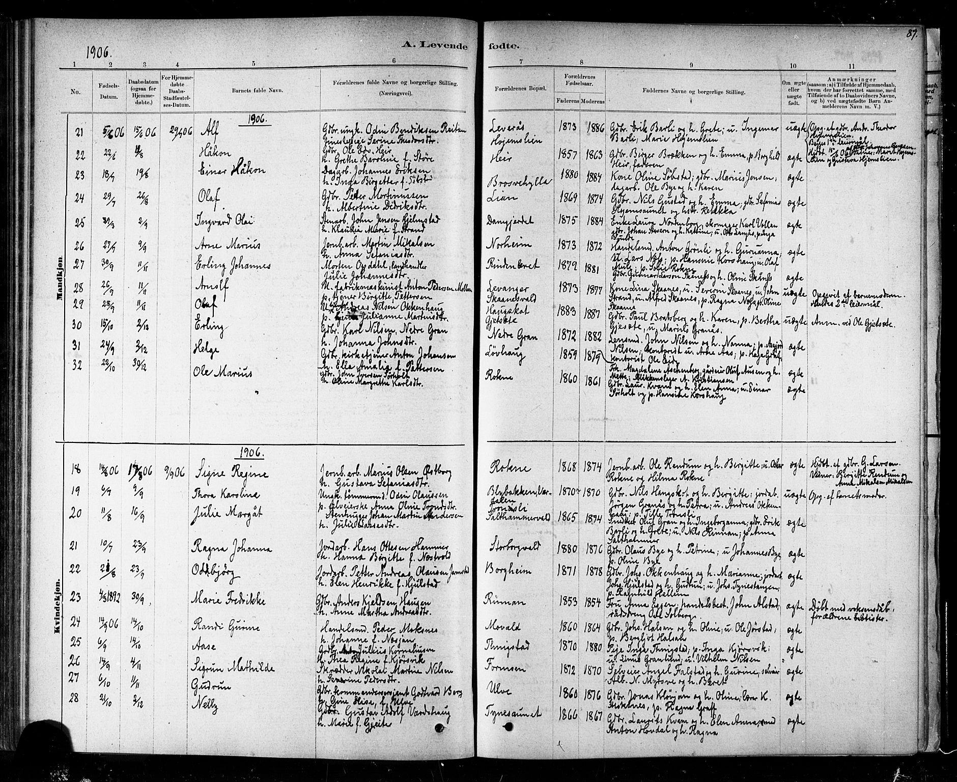 Ministerialprotokoller, klokkerbøker og fødselsregistre - Nord-Trøndelag, SAT/A-1458/721/L0208: Klokkerbok nr. 721C01, 1880-1917, s. 87