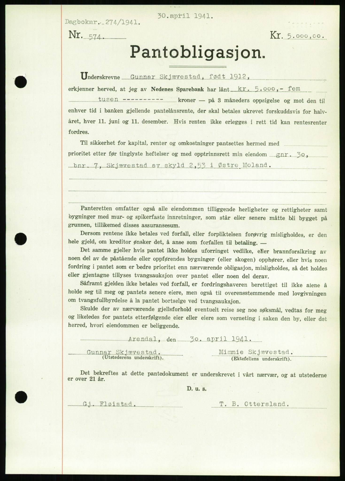 Nedenes sorenskriveri, SAK/1221-0006/G/Gb/Gbb/L0001: Pantebok nr. I, 1939-1942, Dagboknr: 274/1941