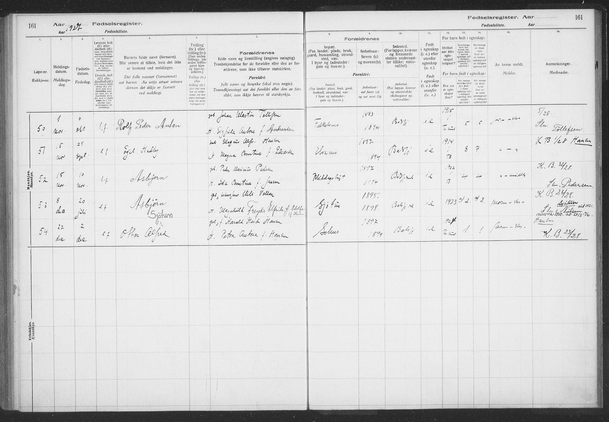 Balsfjord sokneprestembete, SATØ/S-1303/H/Hb/L0059: Fødselsregister nr. 59, 1916-1930, s. 161