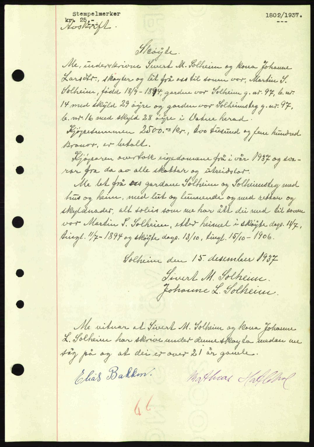 Nordre Sunnmøre sorenskriveri, AV/SAT-A-0006/1/2/2C/2Ca: Pantebok nr. A4, 1937-1938, Dagboknr: 1802/1937