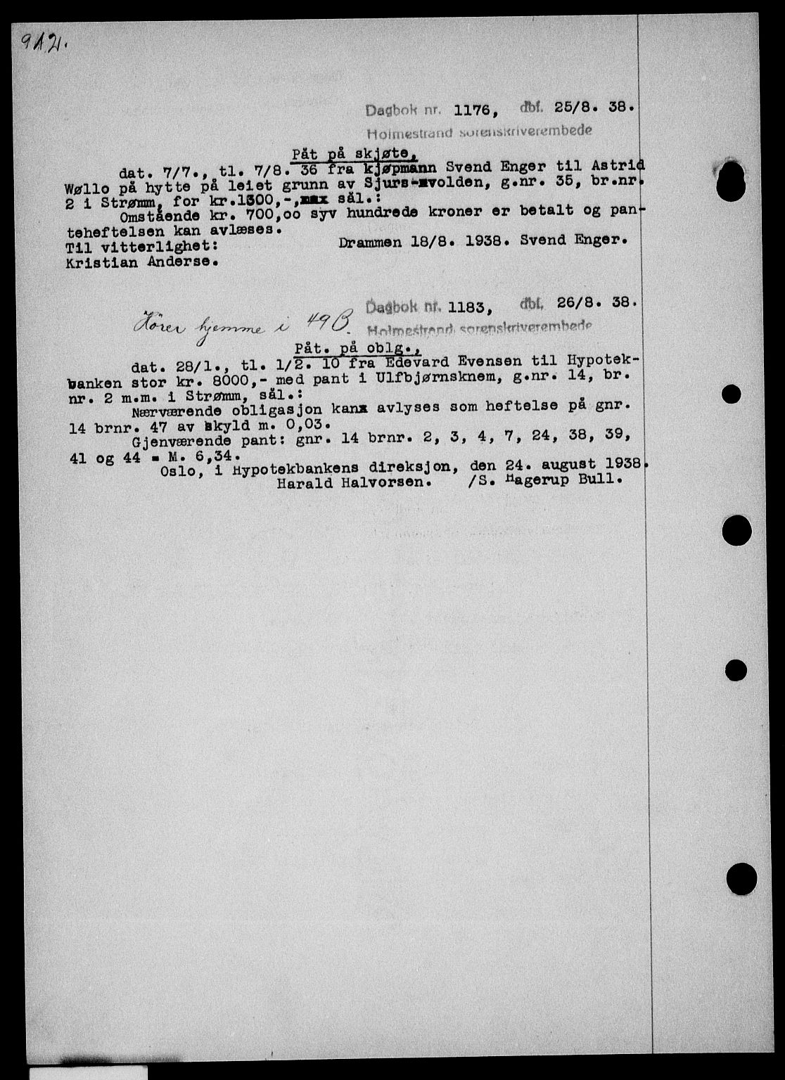 Holmestrand sorenskriveri, SAKO/A-67/G/Ga/Gaa/L0049: Pantebok nr. A-49, 1937-1938, Dagboknr: 1176/1938