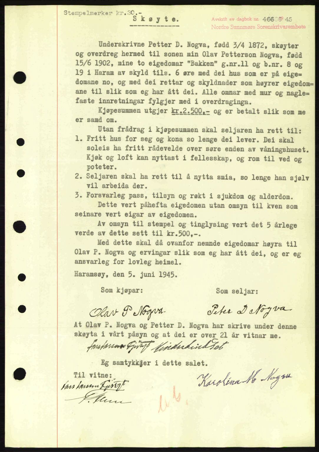 Nordre Sunnmøre sorenskriveri, SAT/A-0006/1/2/2C/2Ca: Pantebok nr. A19, 1944-1945, Dagboknr: 466/1945