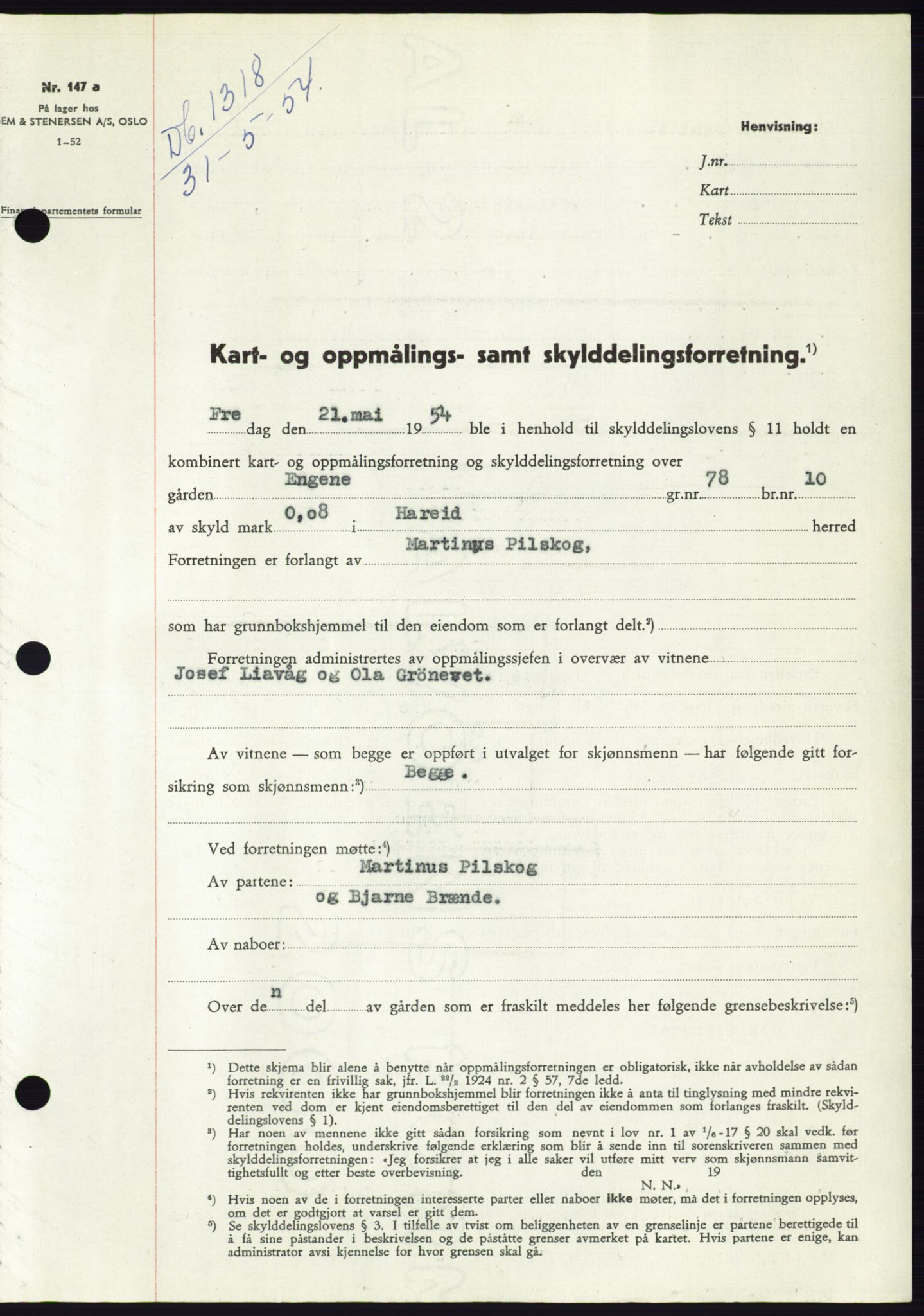 Søre Sunnmøre sorenskriveri, SAT/A-4122/1/2/2C/L0098: Pantebok nr. 24A, 1954-1954, Dagboknr: 1318/1954