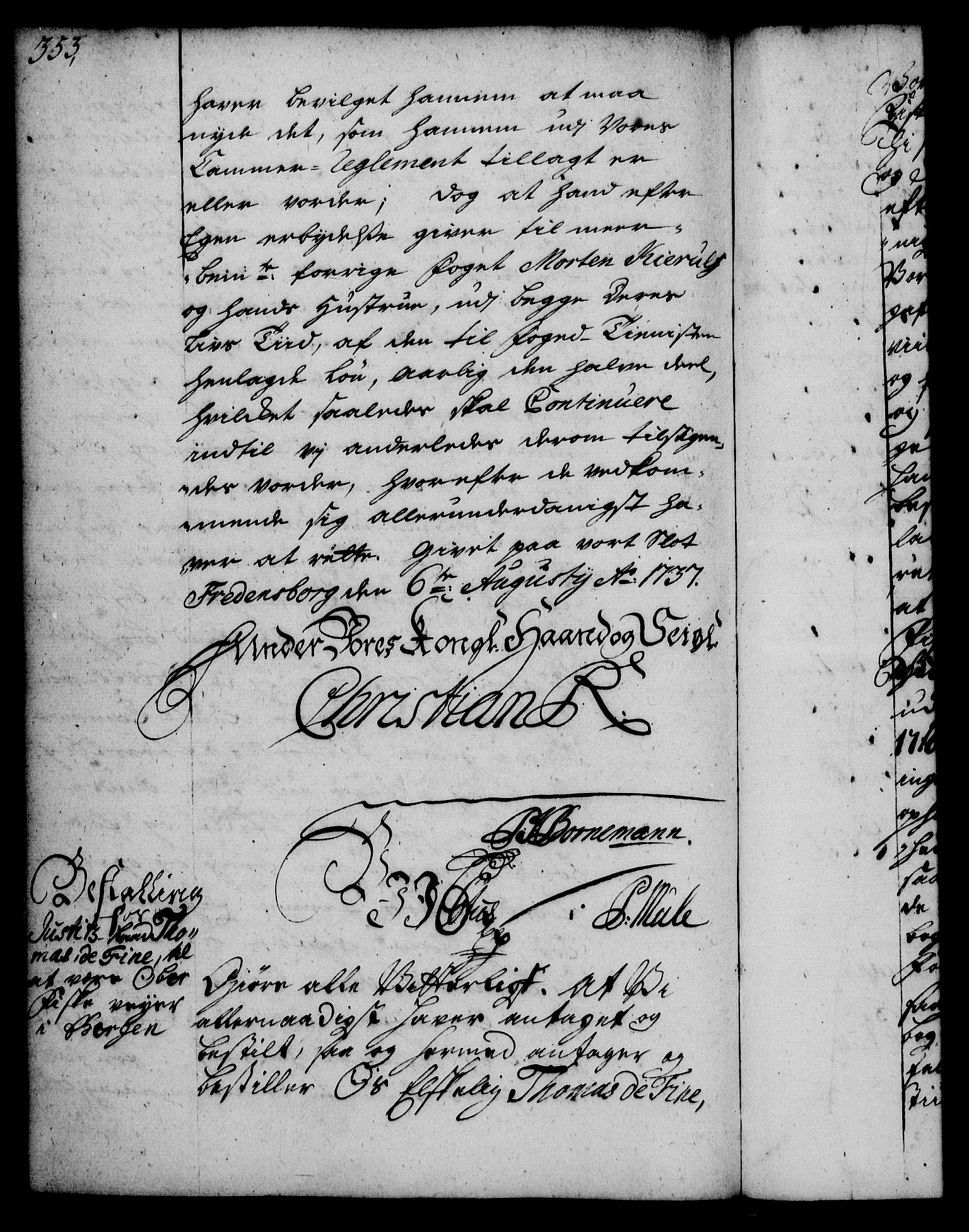 Rentekammeret, Kammerkanselliet, RA/EA-3111/G/Gg/Gge/L0002: Norsk bestallingsprotokoll med register (merket RK 53.26), 1730-1744, s. 353