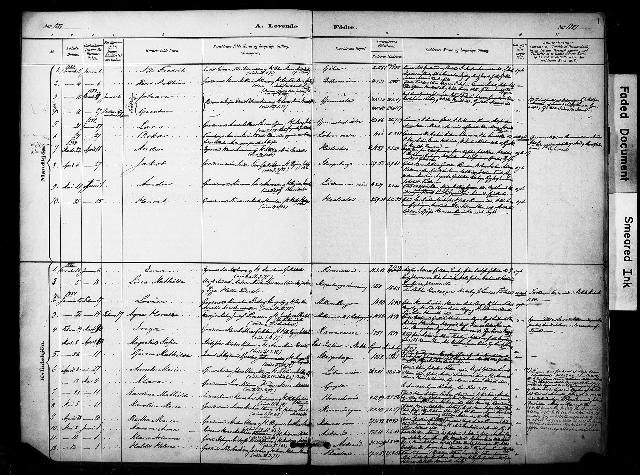 Stokke kirkebøker, AV/SAKO-A-320/F/Fb/L0001: Ministerialbok nr. II 1, 1884-1910, s. 1