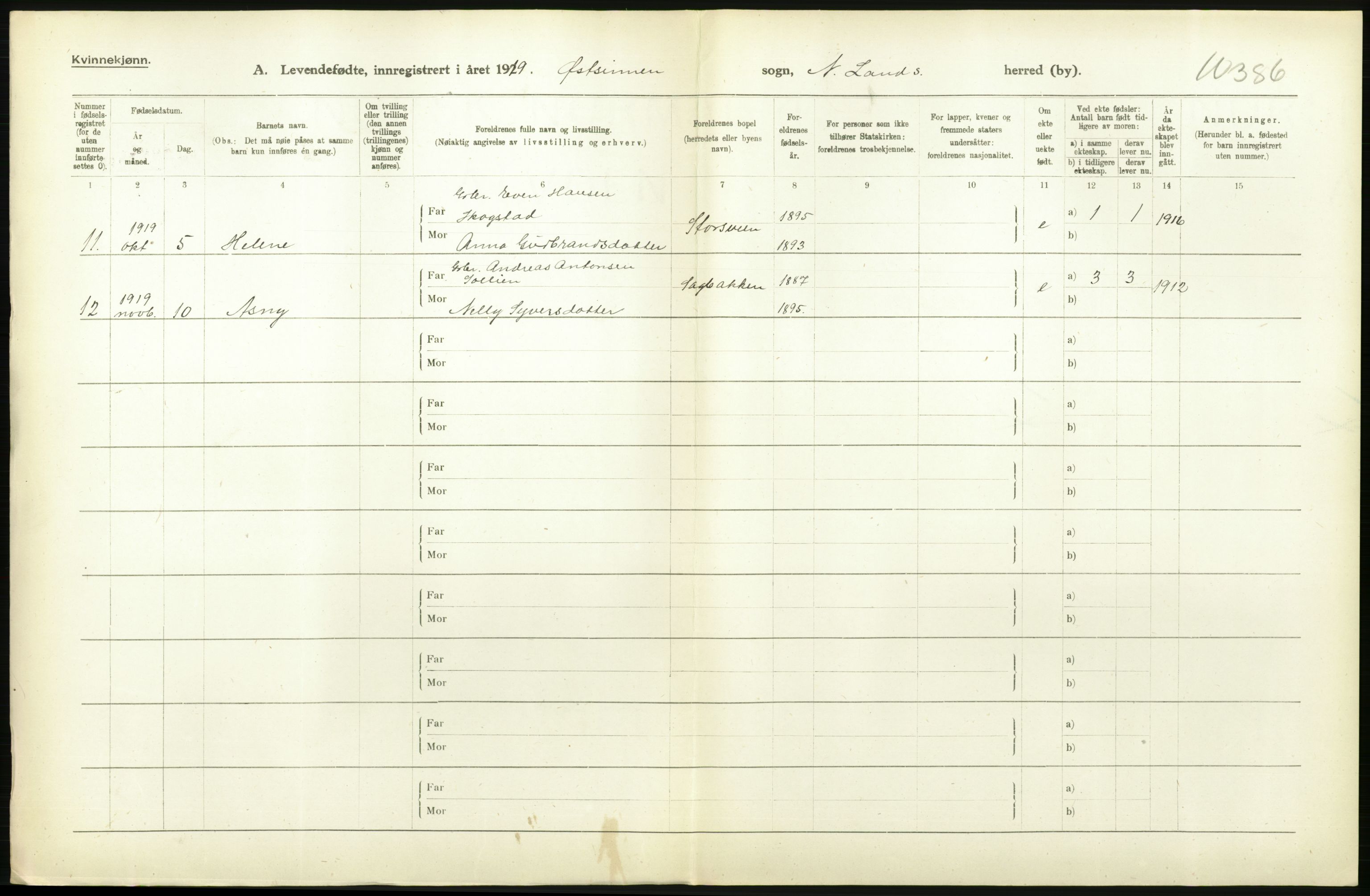 Statistisk sentralbyrå, Sosiodemografiske emner, Befolkning, RA/S-2228/D/Df/Dfb/Dfbi/L0014: Oppland fylke: Levendefødte menn og kvinner. Bygder og byer., 1919, s. 350