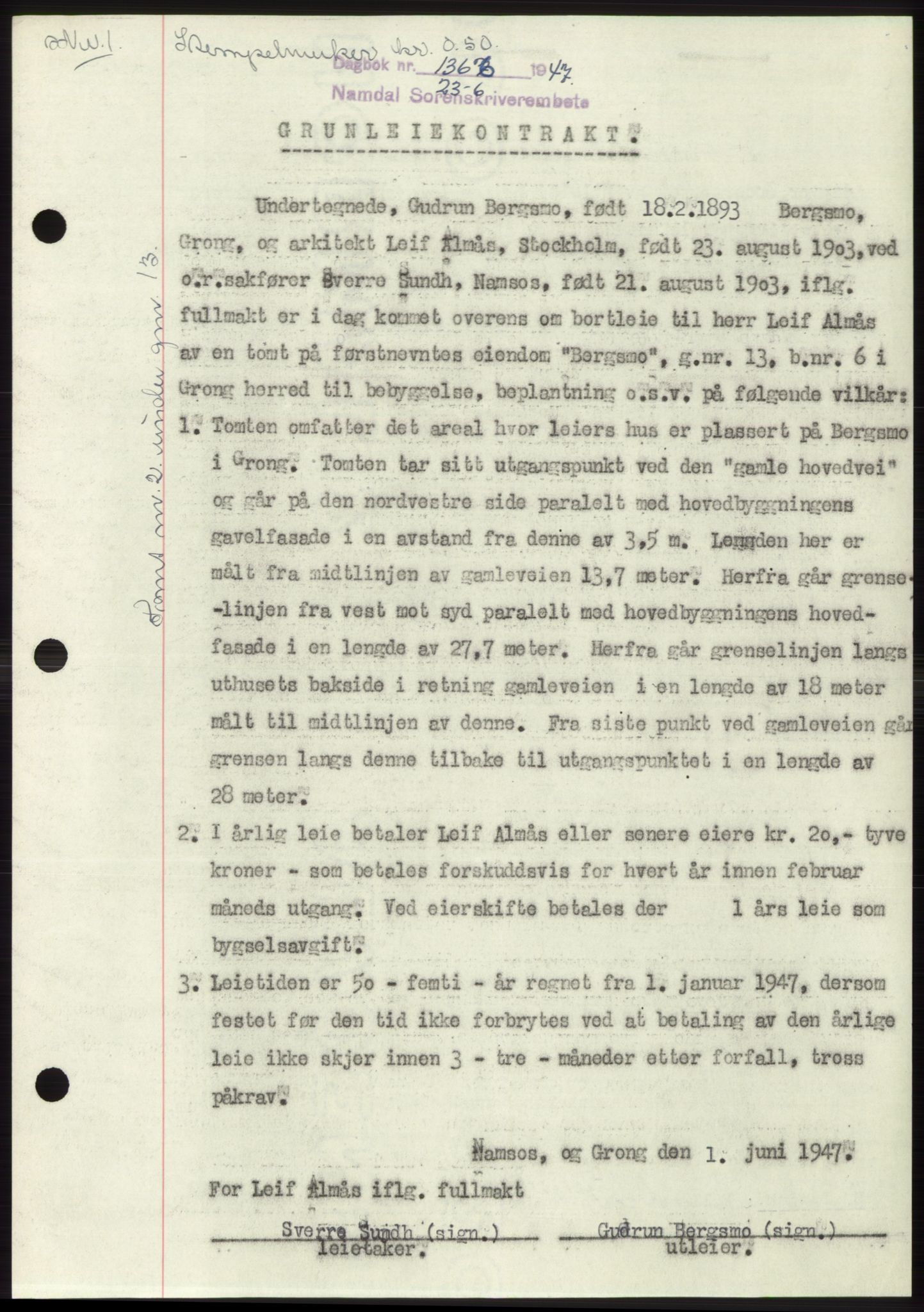 Namdal sorenskriveri, SAT/A-4133/1/2/2C: Pantebok nr. -, 1947-1947, Dagboknr: 1366/1947
