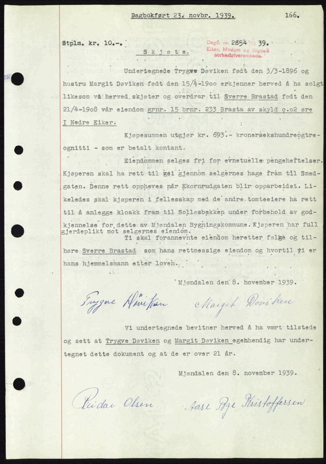 Eiker, Modum og Sigdal sorenskriveri, SAKO/A-123/G/Ga/Gab/L0041: Pantebok nr. A11, 1939-1940, Dagboknr: 2854/1939