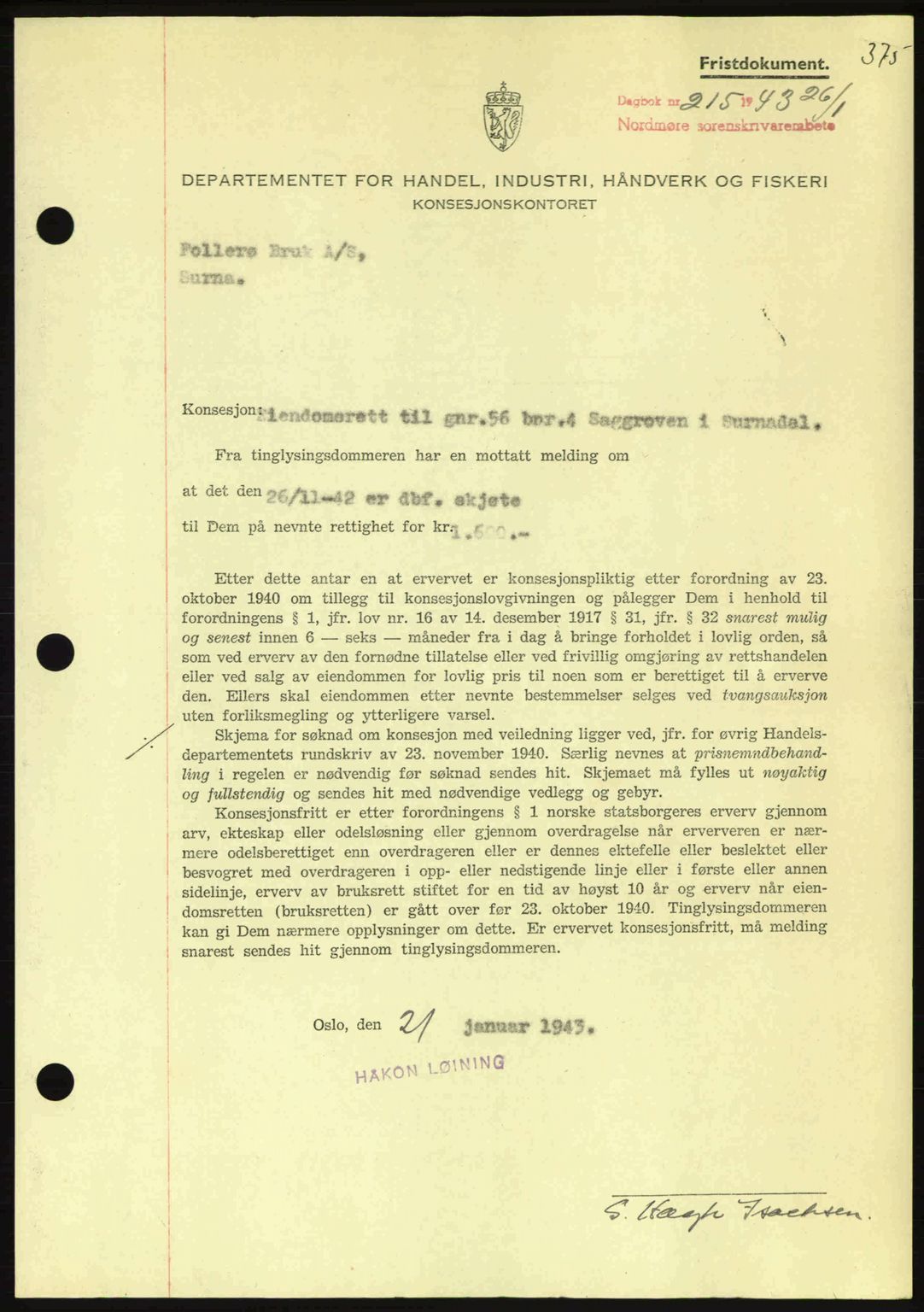 Nordmøre sorenskriveri, SAT/A-4132/1/2/2Ca: Pantebok nr. B90, 1942-1943, Dagboknr: 215/1943