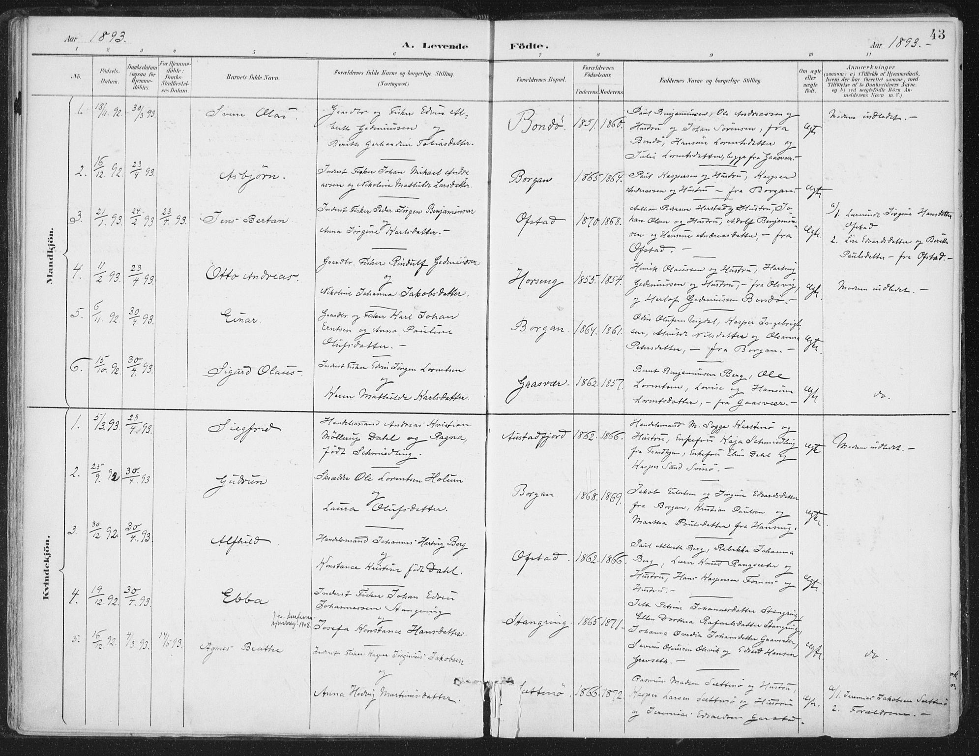 Ministerialprotokoller, klokkerbøker og fødselsregistre - Nord-Trøndelag, SAT/A-1458/786/L0687: Ministerialbok nr. 786A03, 1888-1898, s. 43