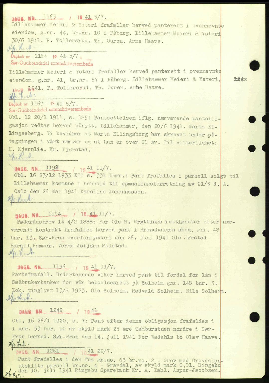 Sør-Gudbrandsdal tingrett, SAH/TING-004/H/Hb/Hbf/L0003: Pantebok nr. C5a, 1939-1946, Dagboknr: 1163/1941