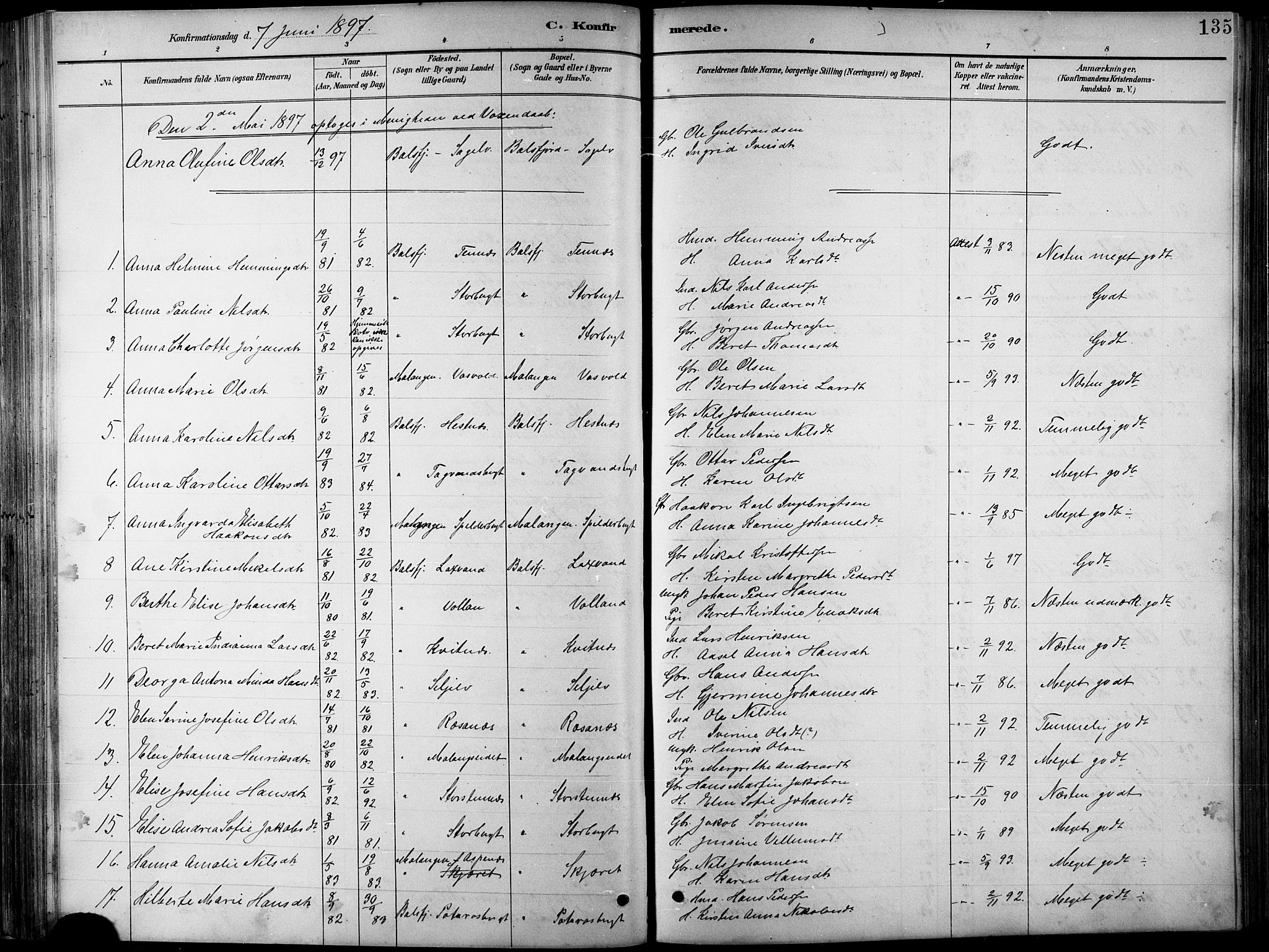 Balsfjord sokneprestembete, AV/SATØ-S-1303/G/Ga/L0008klokker: Klokkerbok nr. 8, 1890-1906, s. 135