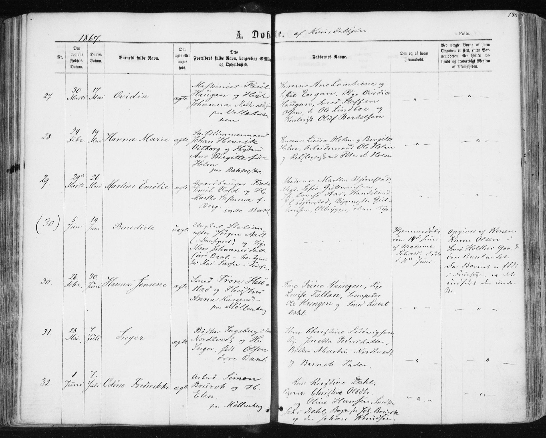 Ministerialprotokoller, klokkerbøker og fødselsregistre - Sør-Trøndelag, SAT/A-1456/604/L0186: Ministerialbok nr. 604A07, 1866-1877, s. 130