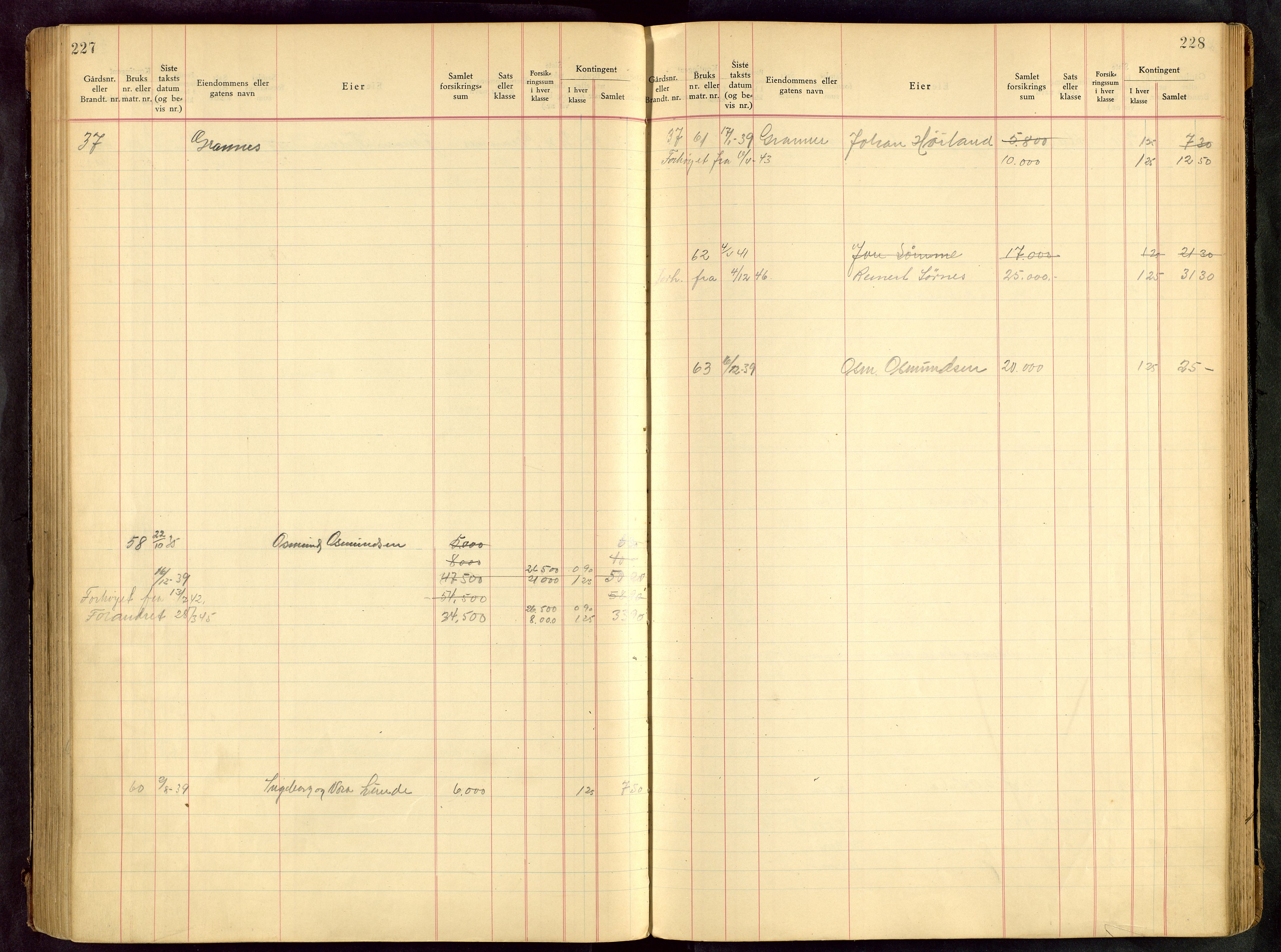 Håland lensmannskontor, SAST/A-100100/Goa/L0001: Beregningsprotokoll brannforsikring, 1932-1947, s. 227-228