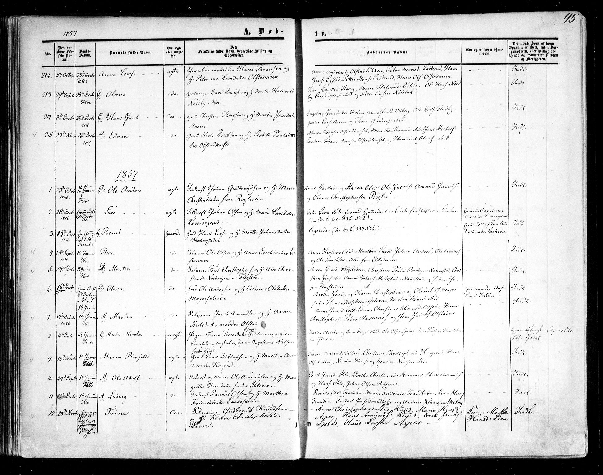 Ullensaker prestekontor Kirkebøker, AV/SAO-A-10236a/F/Fa/L0015.a: Ministerialbok nr. I 15A, 1851-1862, s. 95