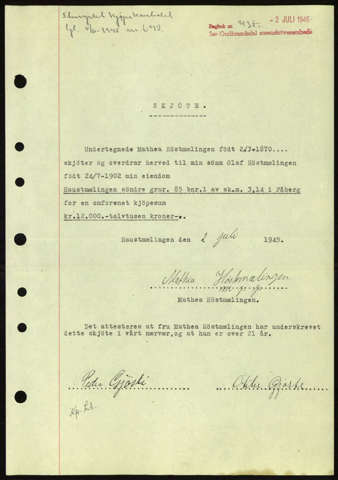Sør-Gudbrandsdal tingrett, SAH/TING-004/H/Hb/Hbd/L0014: Pantebok nr. A14, 1944-1945, Dagboknr: 735/1945