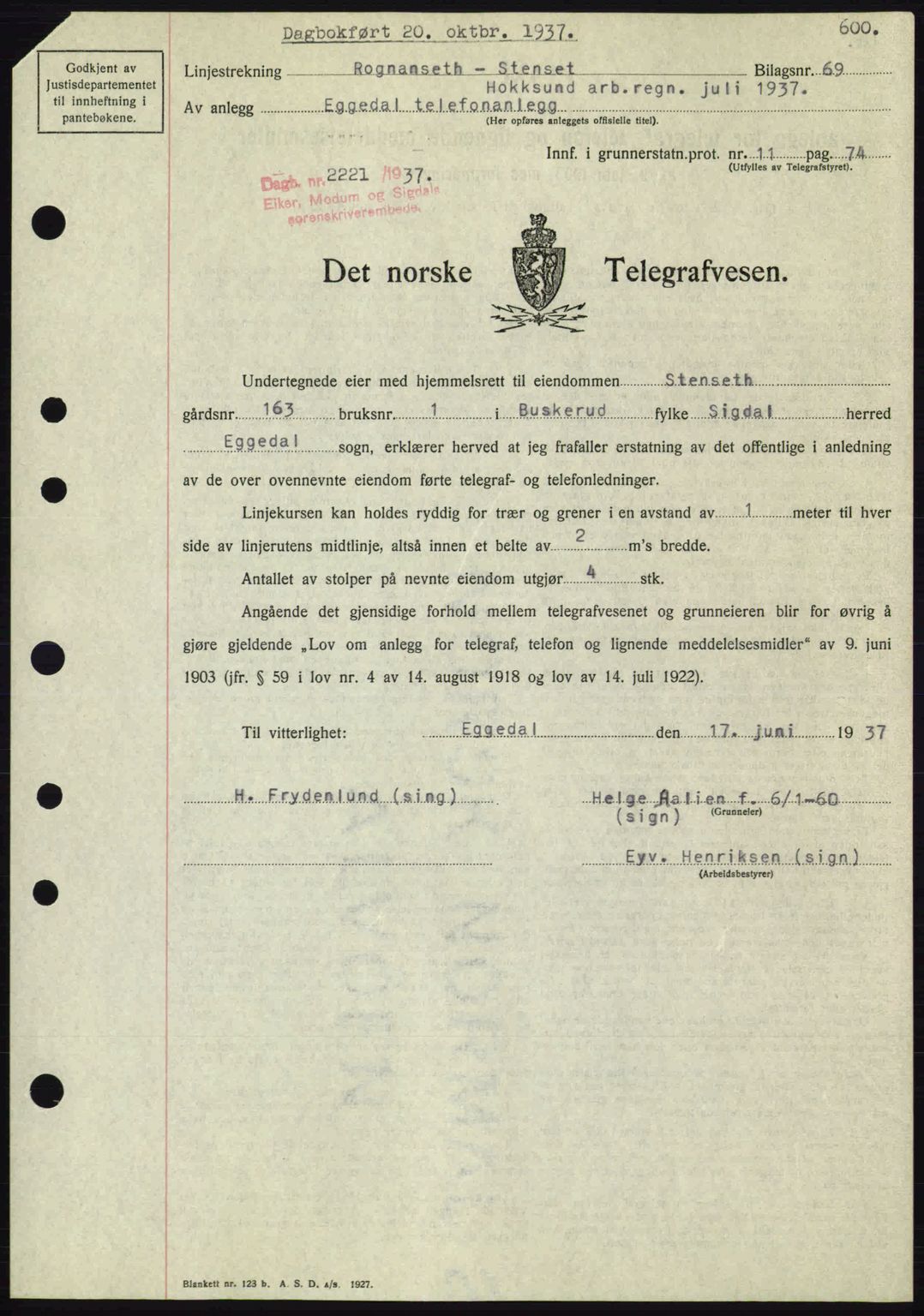 Eiker, Modum og Sigdal sorenskriveri, SAKO/A-123/G/Ga/Gab/L0036: Pantebok nr. A6, 1937-1937, Dagboknr: 2221/1937