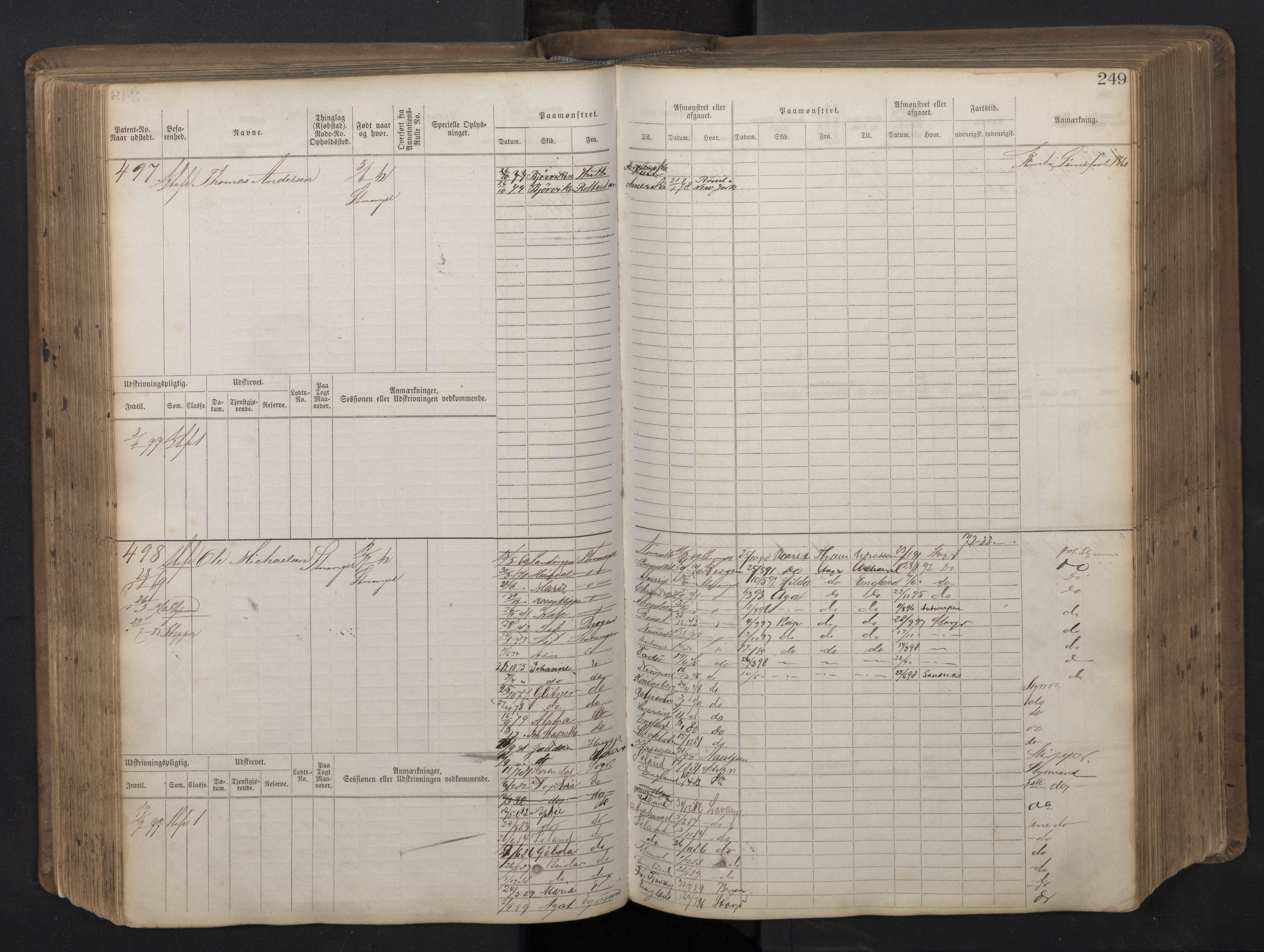 Stavanger sjømannskontor, AV/SAST-A-102006/F/Fb/Fbb/L0016: Sjøfartshovedrulle patnentnr. 1-1202 (dublett), 1869, s. 249