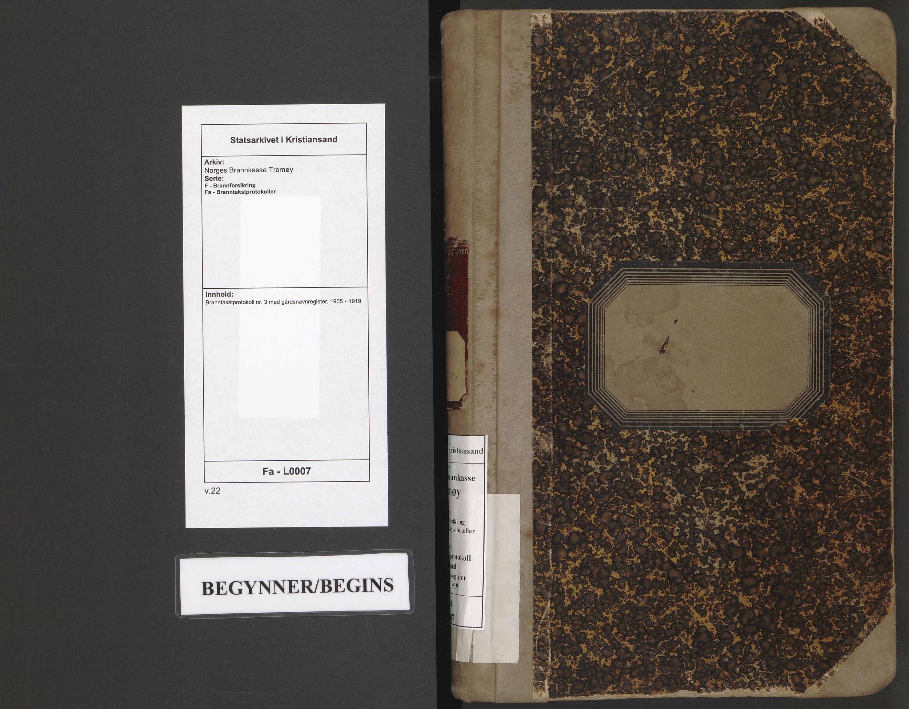 Norges Brannkasse Tromøy, AV/SAK-2241-0049/F/Fa/L0007: Branntakstprotokoll nr. 3 med gårdsnavnregister, 1905-1919