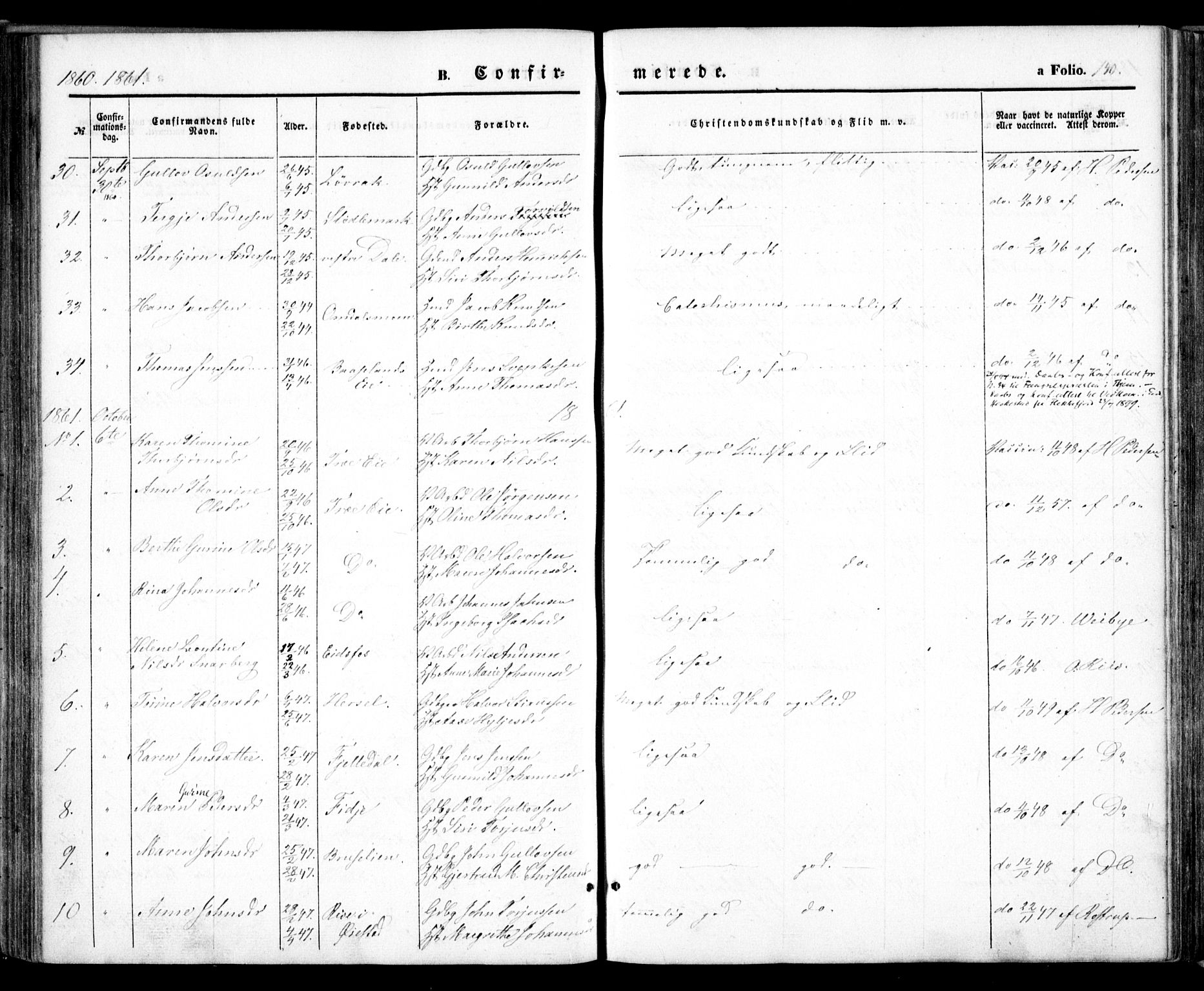 Froland sokneprestkontor, SAK/1111-0013/F/Fa/L0002: Ministerialbok nr. A 2, 1845-1863, s. 140