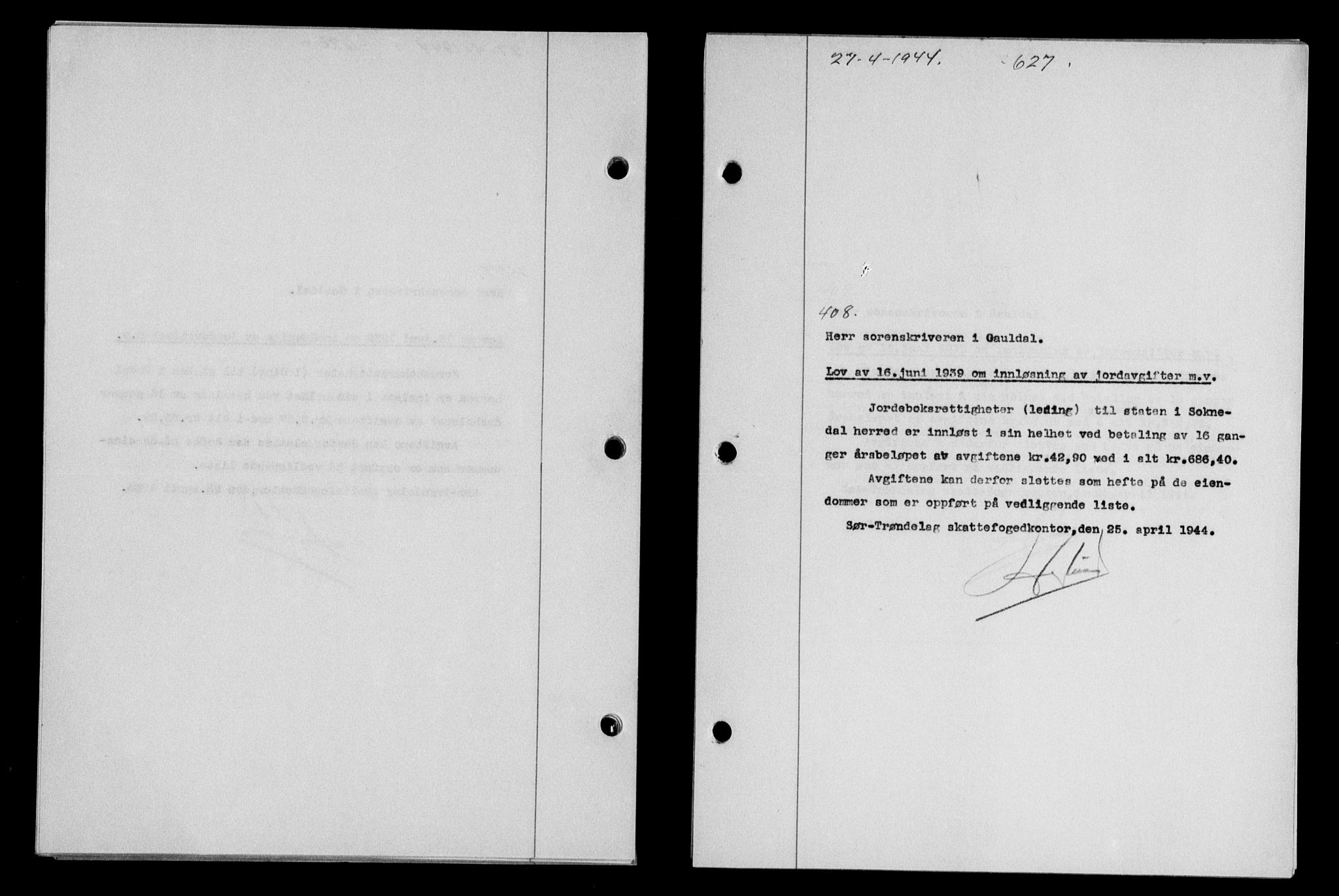 Gauldal sorenskriveri, SAT/A-0014/1/2/2C/L0057: Pantebok nr. 62, 1943-1944, Dagboknr: 408/1944