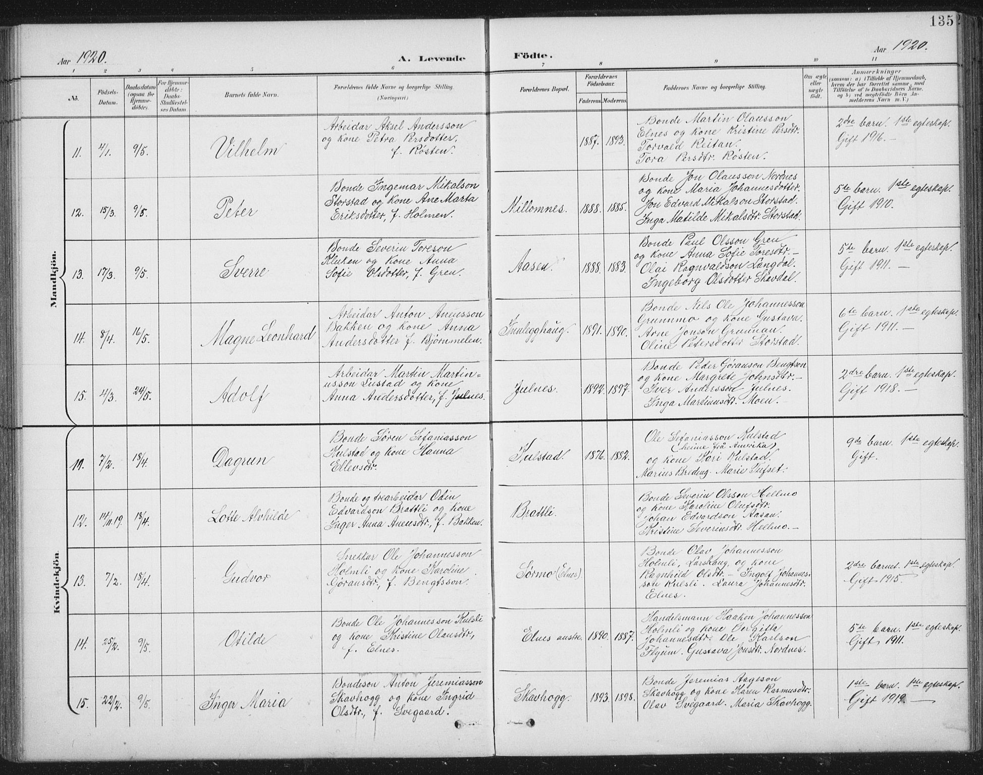 Ministerialprotokoller, klokkerbøker og fødselsregistre - Nord-Trøndelag, SAT/A-1458/724/L0269: Klokkerbok nr. 724C05, 1899-1920, s. 135
