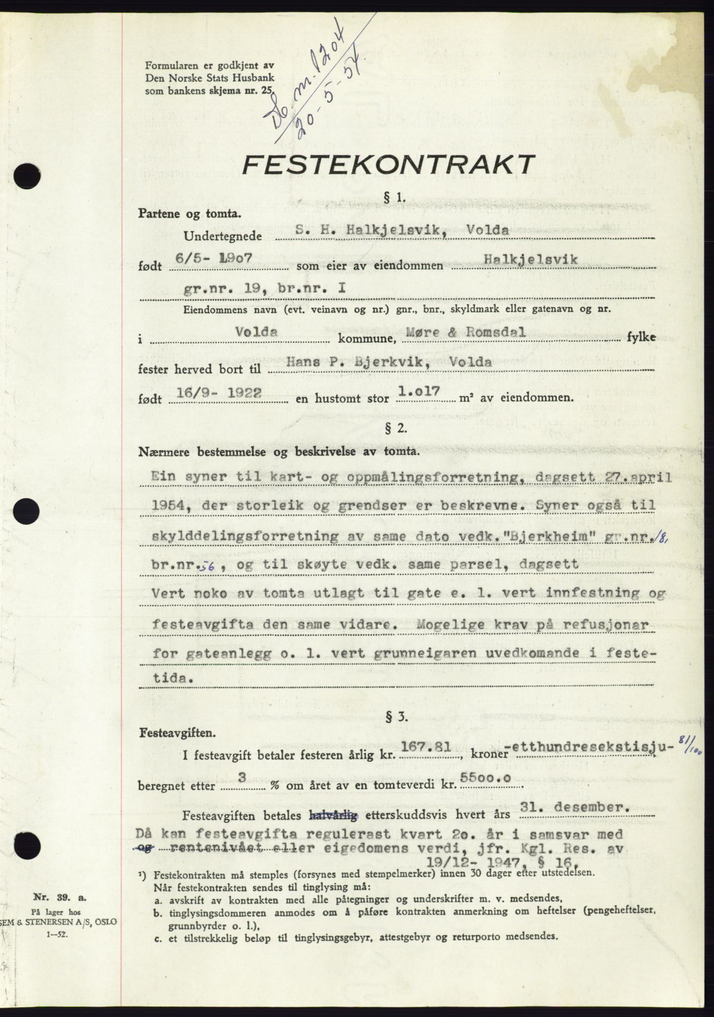 Søre Sunnmøre sorenskriveri, SAT/A-4122/1/2/2C/L0097: Pantebok nr. 23A, 1954-1954, Dagboknr: 1204/1954