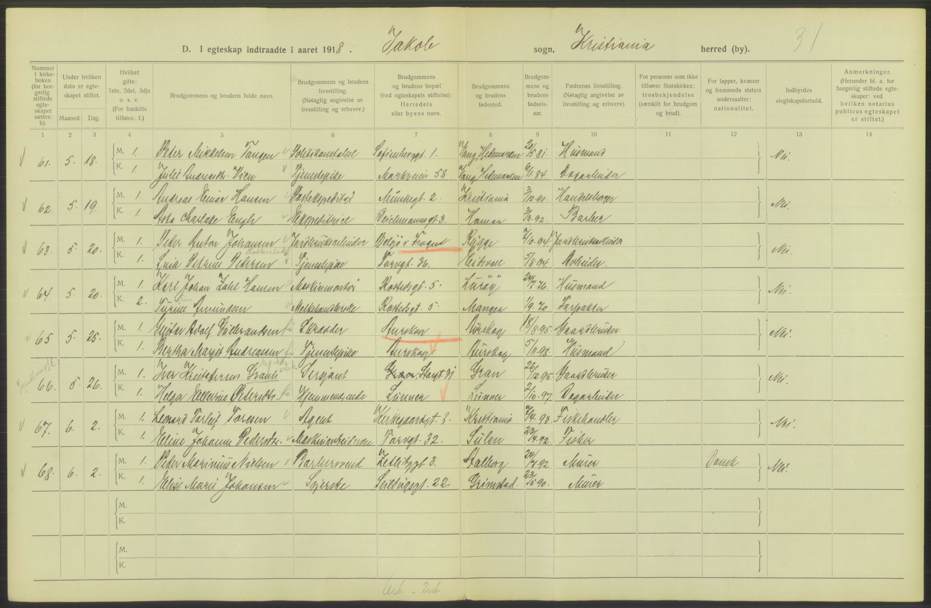 Statistisk sentralbyrå, Sosiodemografiske emner, Befolkning, AV/RA-S-2228/D/Df/Dfb/Dfbh/L0009: Kristiania: Gifte, 1918, s. 650