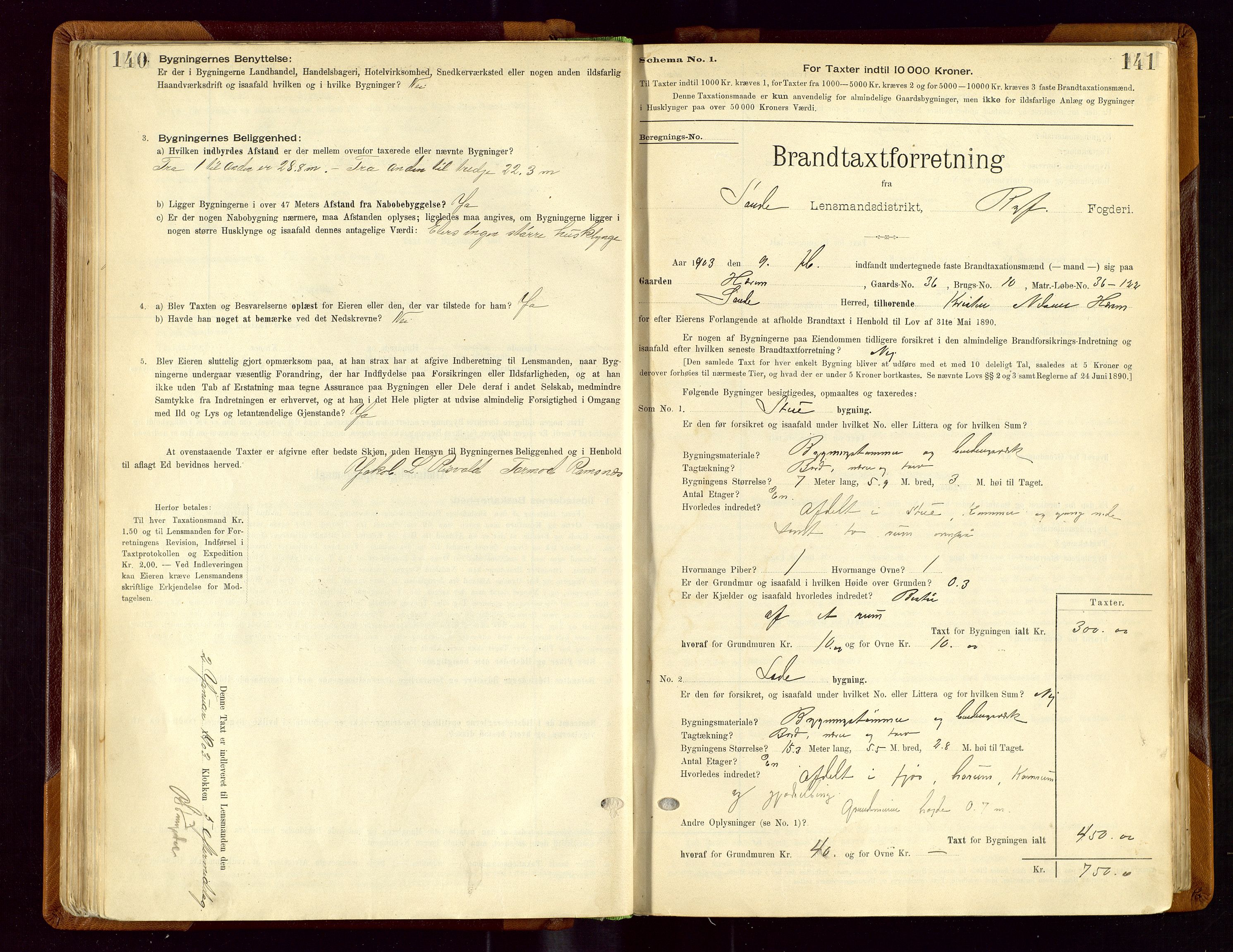 Sauda lensmannskontor, AV/SAST-A-100177/Gob/L0001: Branntakstprotokoll - skjematakst, 1894-1914, s. 140-141