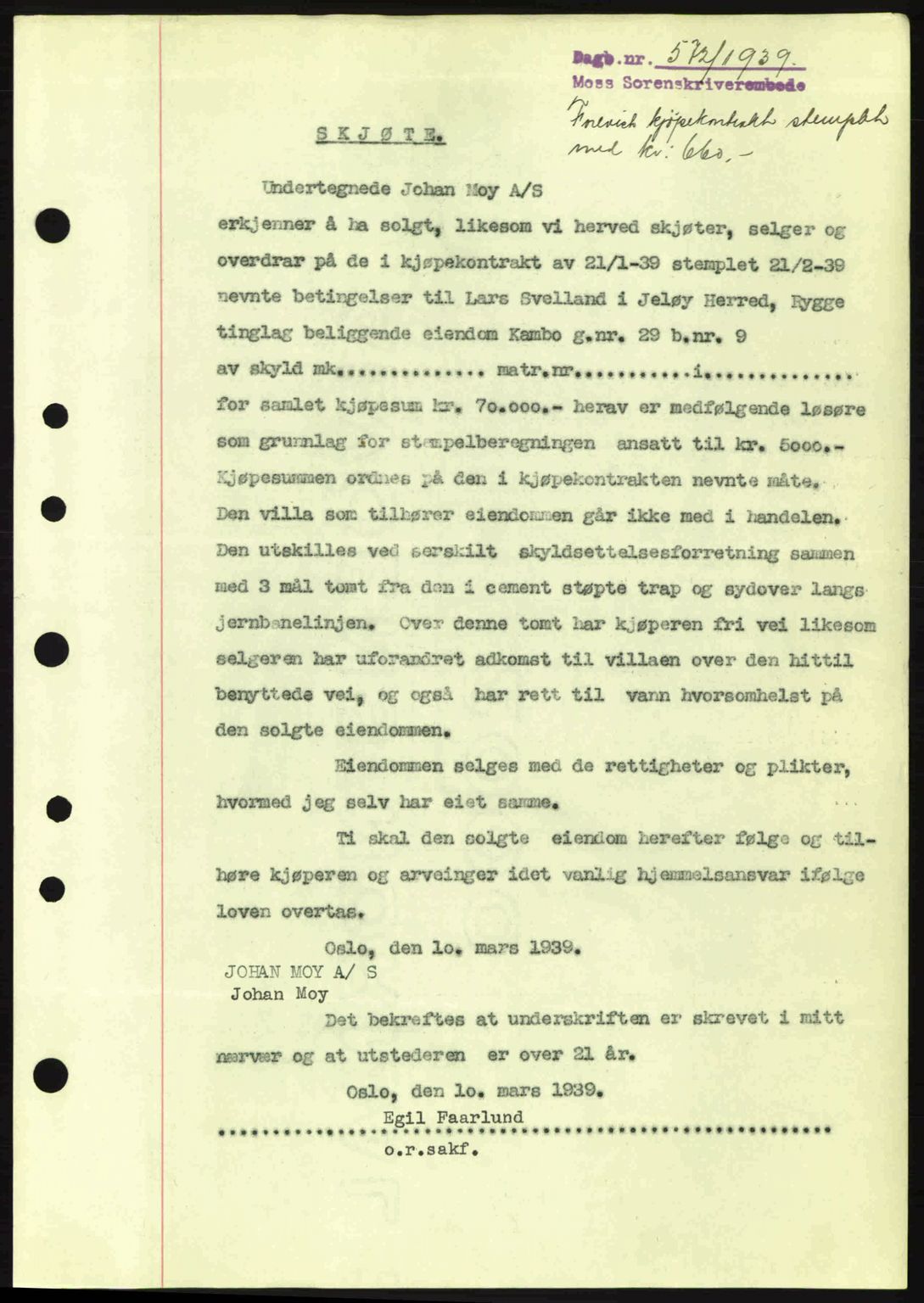 Moss sorenskriveri, SAO/A-10168: Pantebok nr. A5, 1938-1939, Dagboknr: 572/1939
