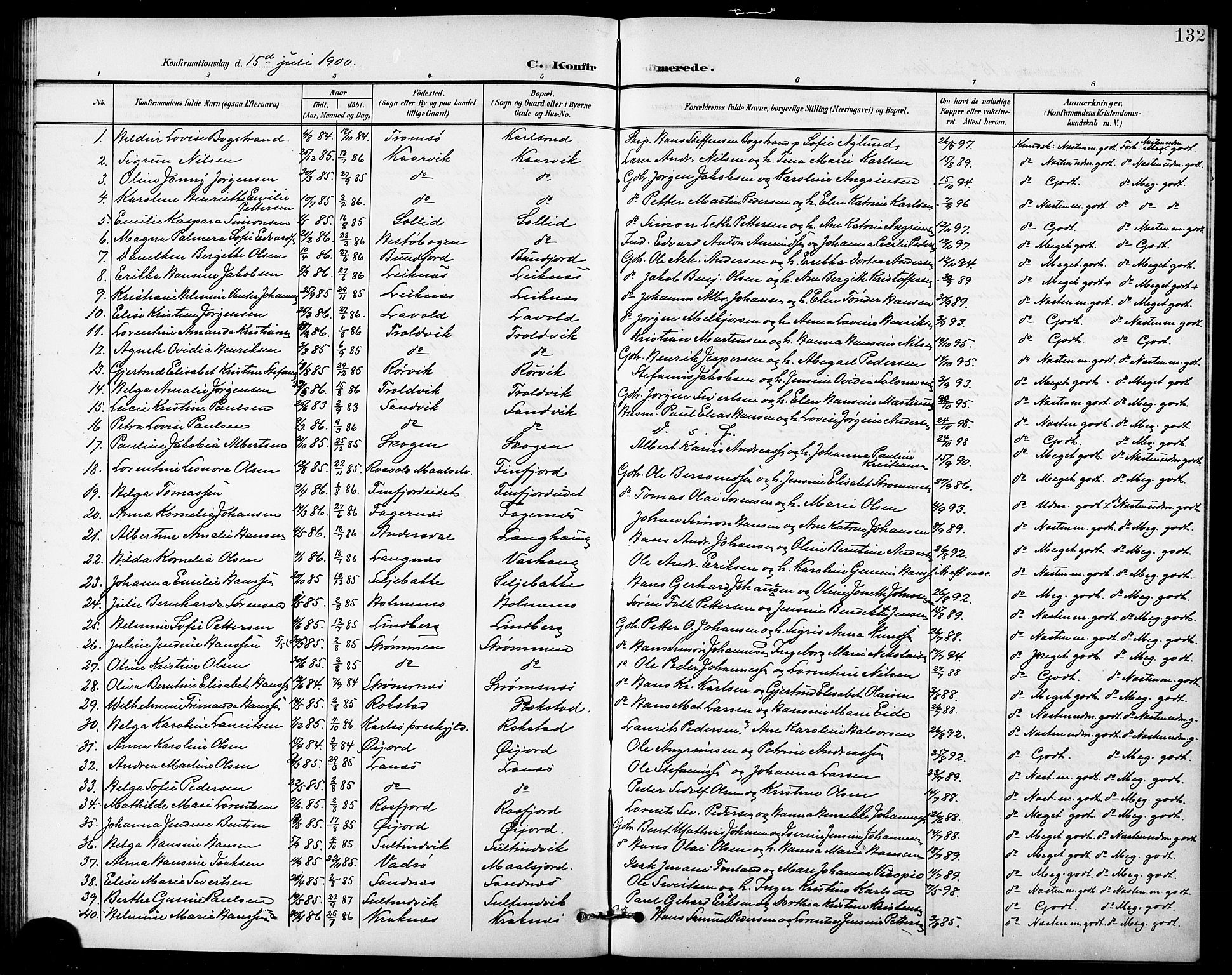 Lenvik sokneprestembete, AV/SATØ-S-1310/H/Ha/Hab/L0008klokker: Klokkerbok nr. 8, 1899-1911, s. 132
