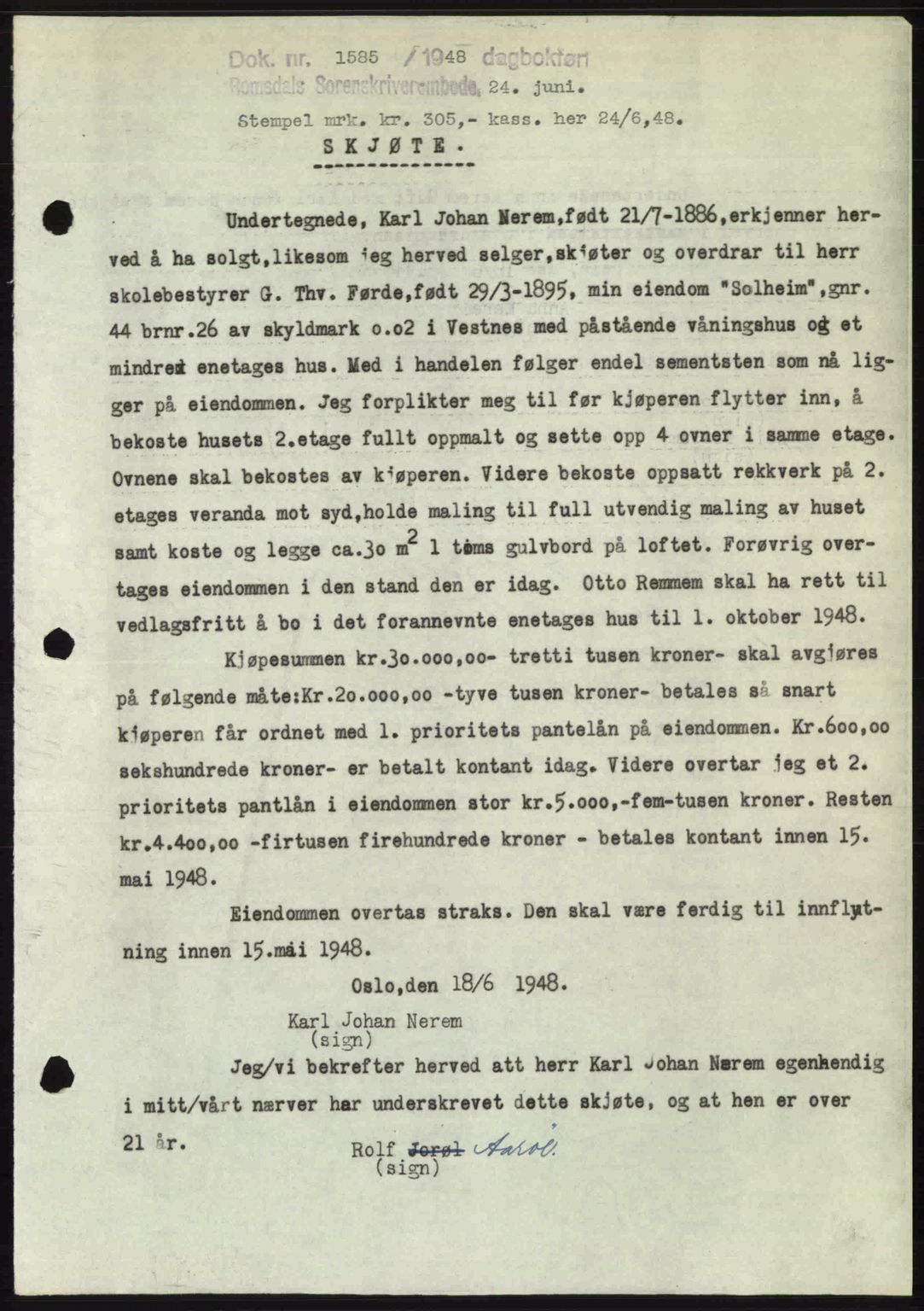 Romsdal sorenskriveri, SAT/A-4149/1/2/2C: Pantebok nr. A26, 1948-1948, Dagboknr: 1585/1948
