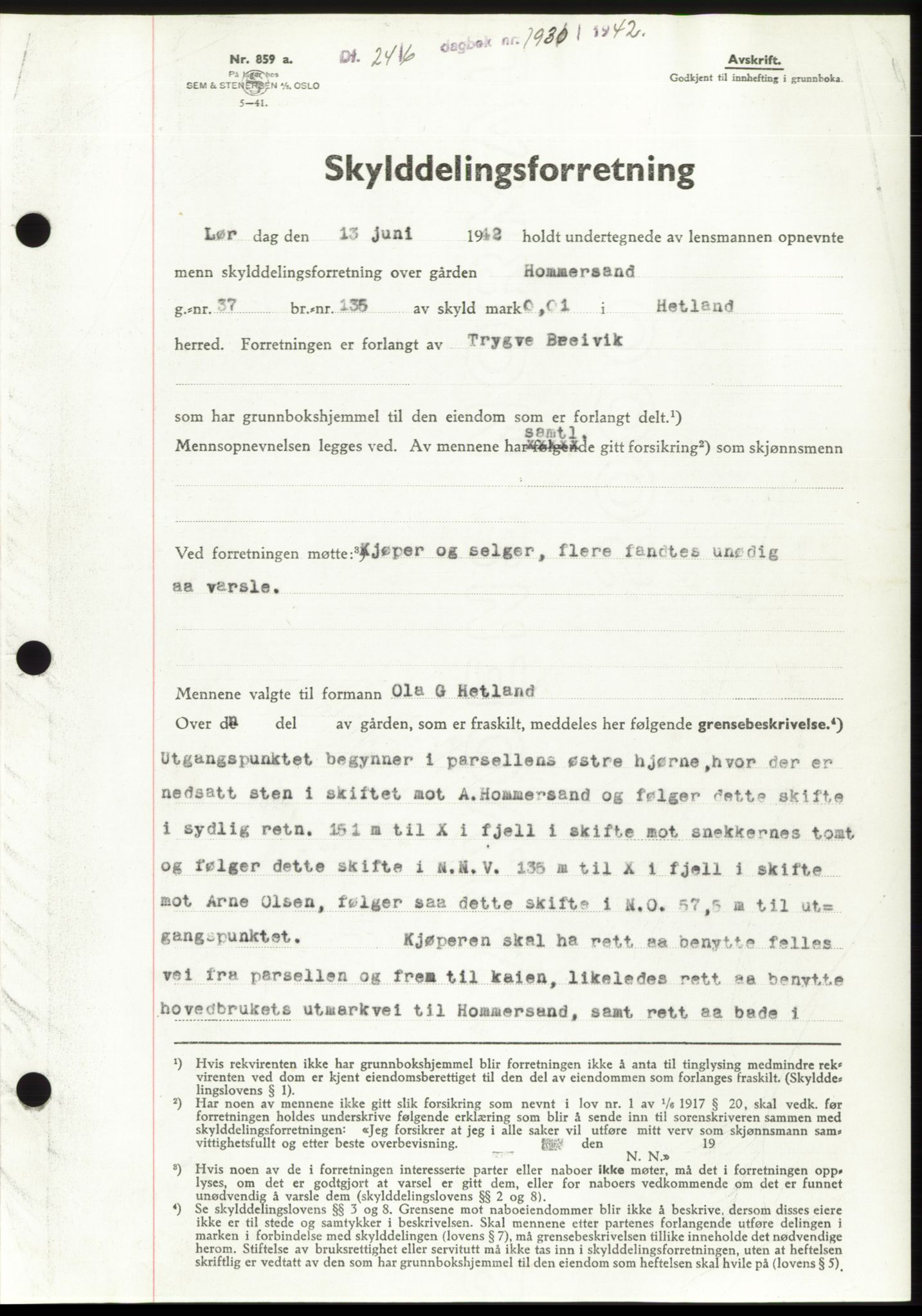 Jæren sorenskriveri, SAST/A-100310/03/G/Gba/L0082: Pantebok, 1942-1942, Dagboknr: 1930/1942