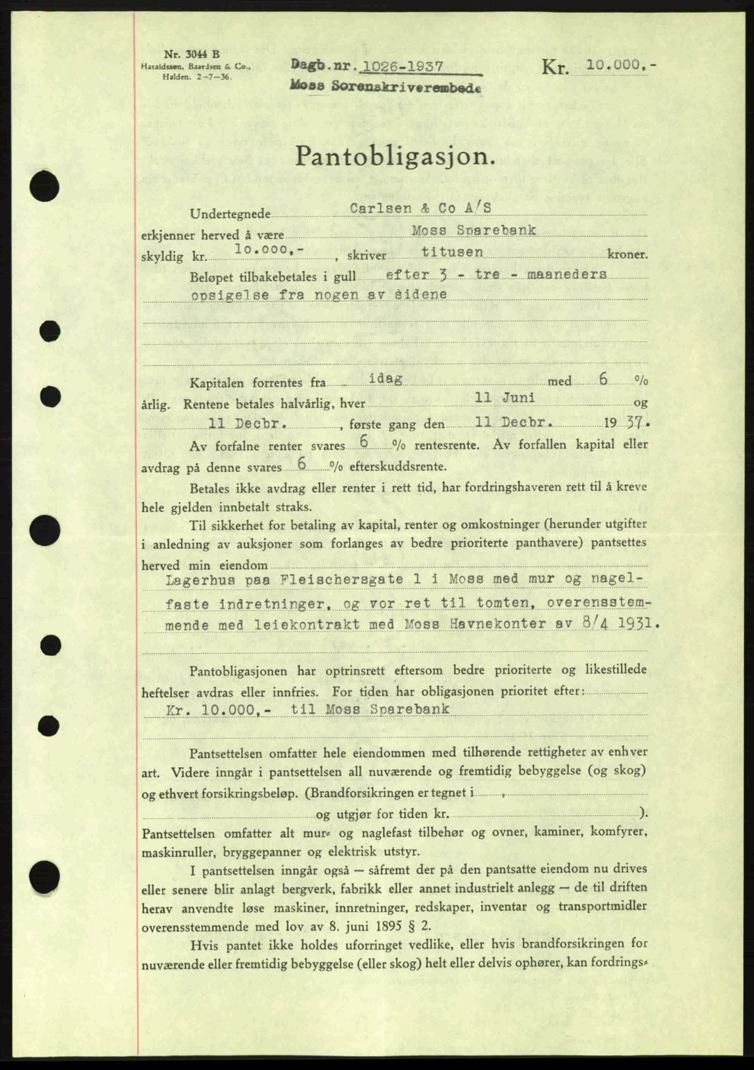 Moss sorenskriveri, SAO/A-10168: Pantebok nr. B3, 1937-1937, Dagboknr: 1026/1937