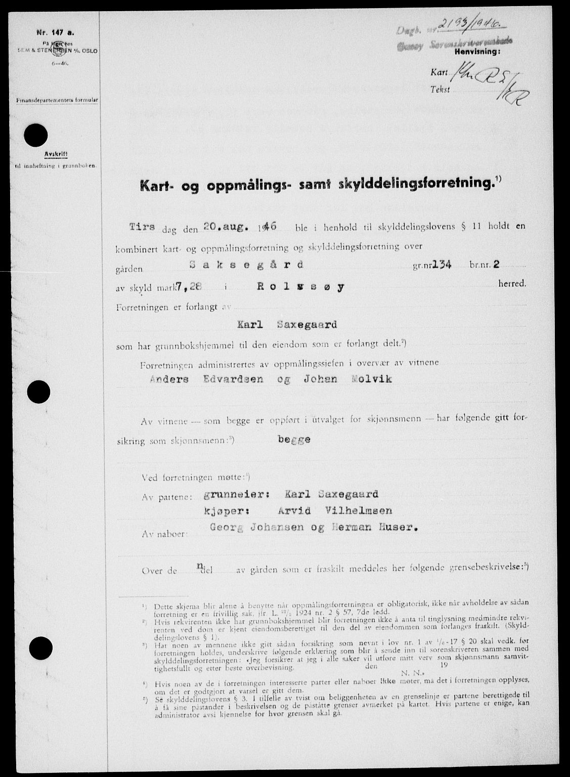 Onsøy sorenskriveri, SAO/A-10474/G/Ga/Gab/L0017: Pantebok nr. II A-17, 1946-1946, Dagboknr: 2193/1946