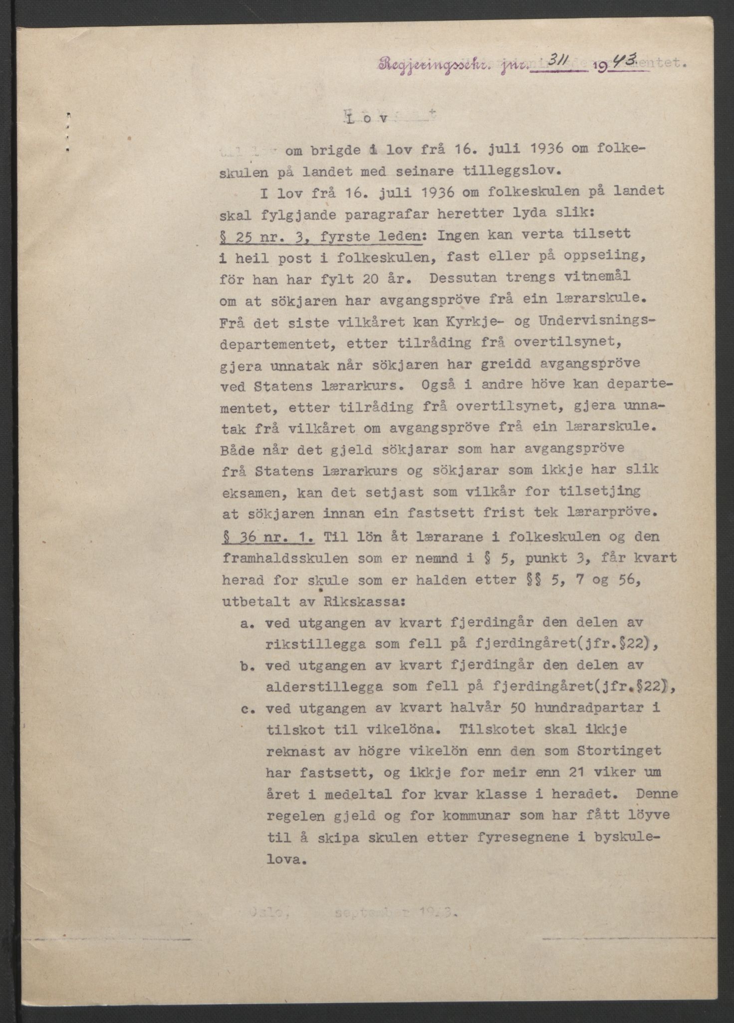 NS-administrasjonen 1940-1945 (Statsrådsekretariatet, de kommisariske statsråder mm), RA/S-4279/D/Db/L0099: Lover, 1943, s. 586
